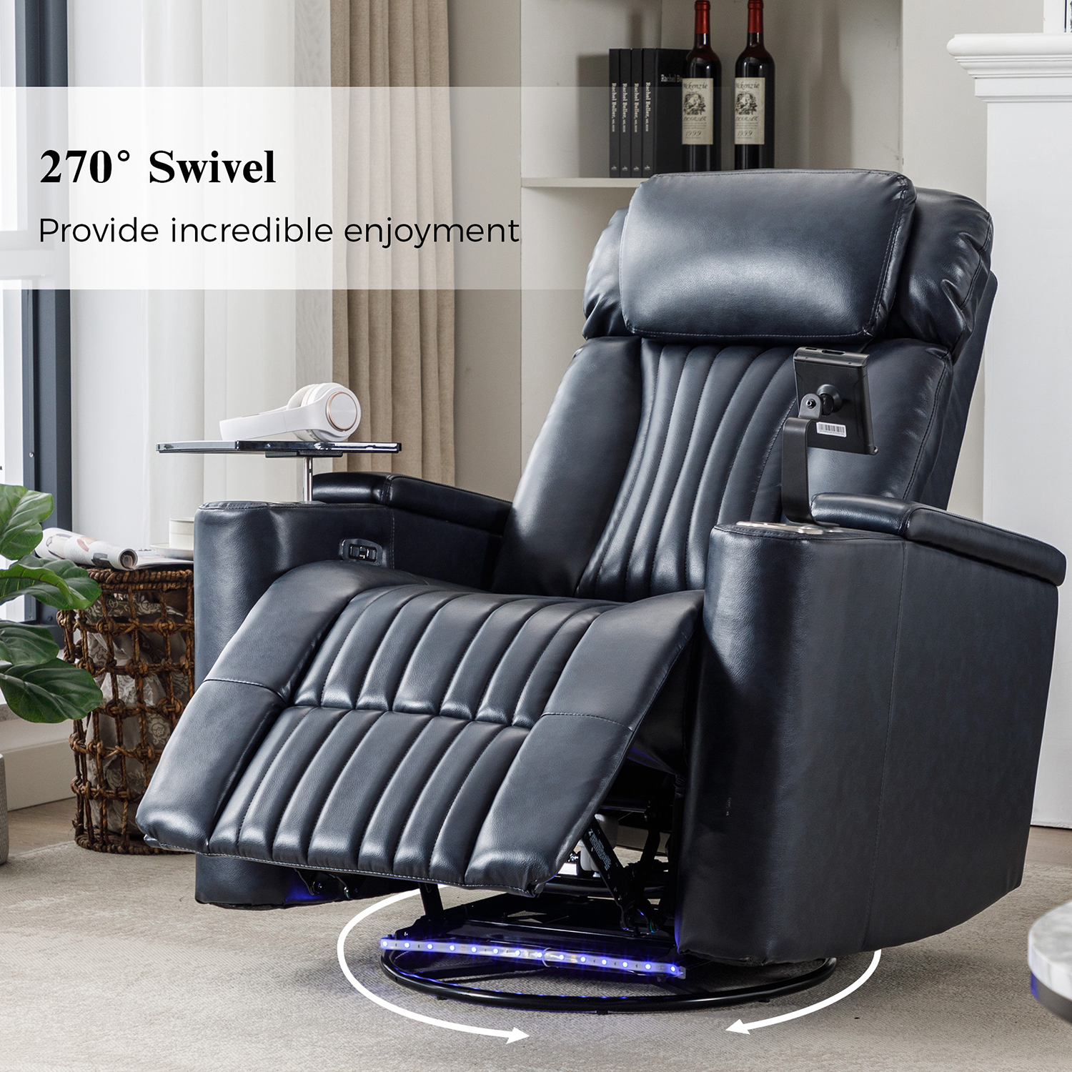 Kepooman Power Recliner, Leather Power Recliner with Concealed Arm Storage with Comfort Backrest, LED Lights, Cup Holder, 270° Swivel Home Theater Recliner, Blue Kepooman Power Recliner, Leather Power Recliner with Concealed Arm Storage with Comfort Backrest, LED Lights, Cup Holder, 270° Swivel Home Theater Recliner, Blue