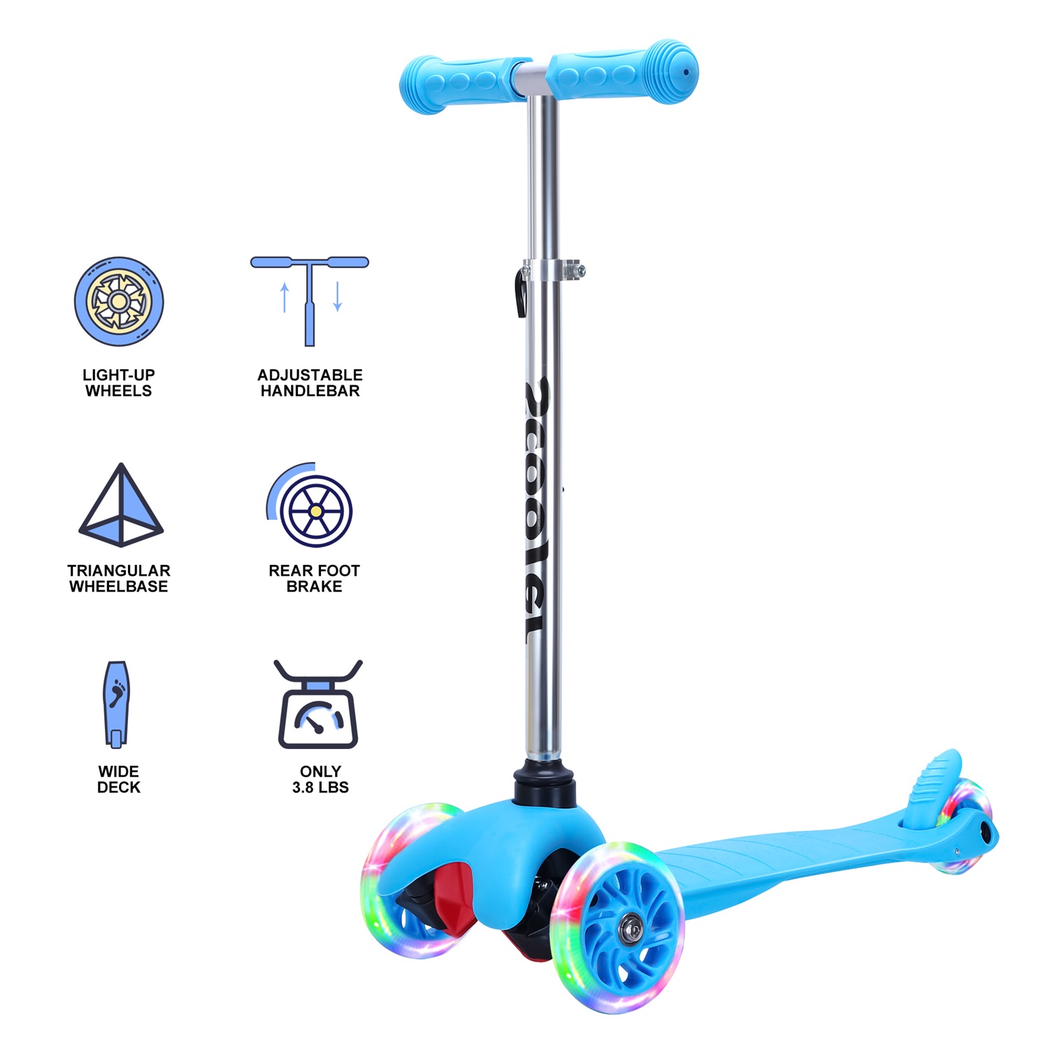 CIPACHO 24" Kids Scooter with 4 Adjustable Height, Extra-Wide Deck with Brake and 3 PU Flashing Wheels, Over 3 to 10 Years Old, Blue