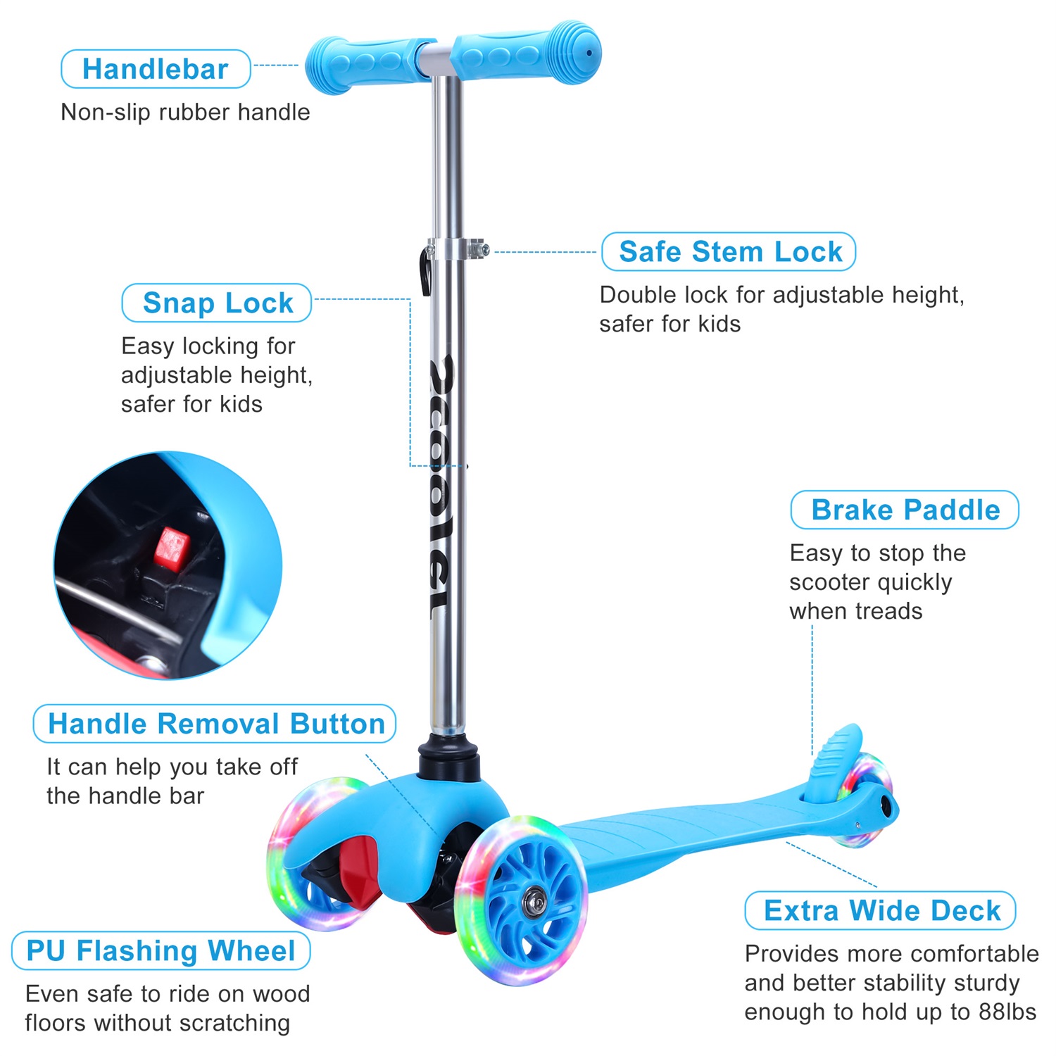 CIPACHO 24" 3 Wheel Scooter for Kids, Extra-Wide Childrens Foldable Kick Scooter Kids with 4 Adjustable Height, Blue