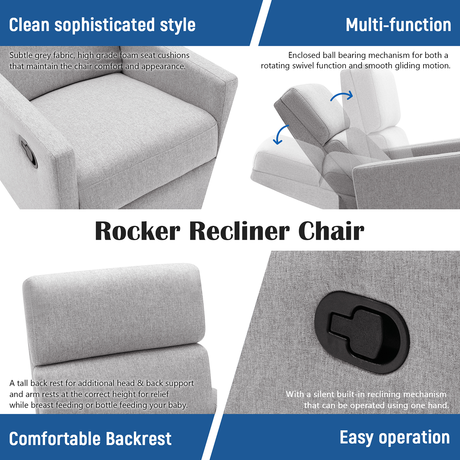 Resenkos Modern Upholstered Rocker Nursery Chair Plush Seating Glider Swivel Recliner Chair, Gray