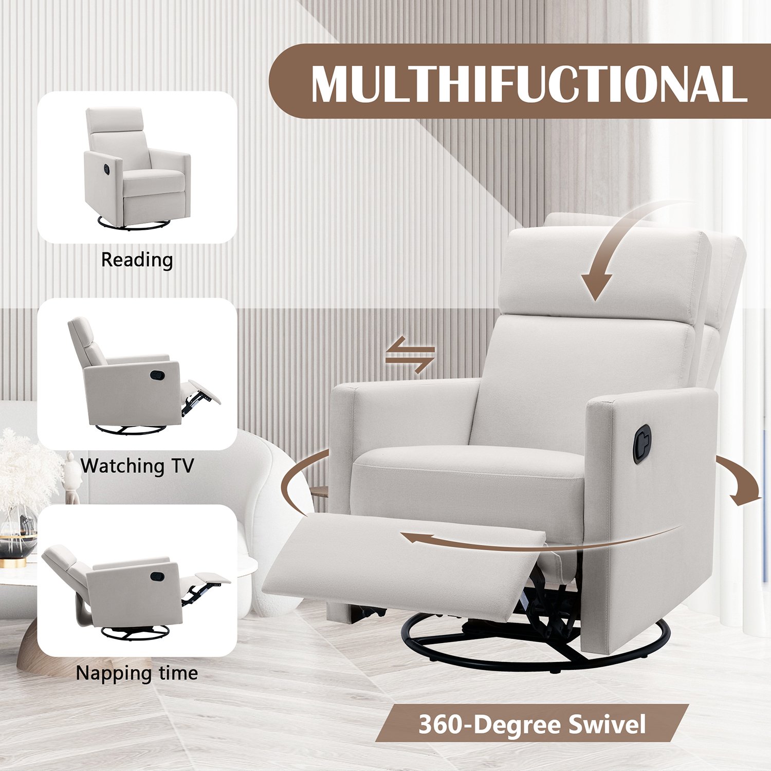 Kepooman Modern Upholstered Rocker Nursery Chair, Plush Seating Glider Swivel Recliner Chair, Beige