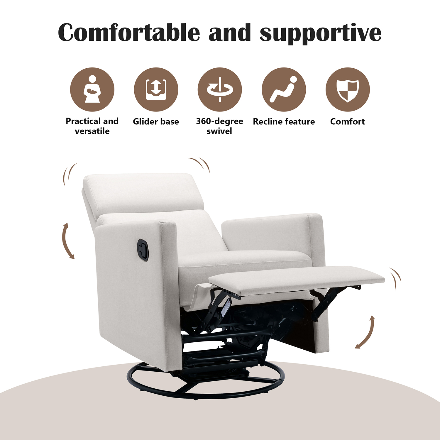 Kepooman Modern Upholstered Rocker Nursery Chair, Plush Seating Glider Swivel Recliner Chair, Beige