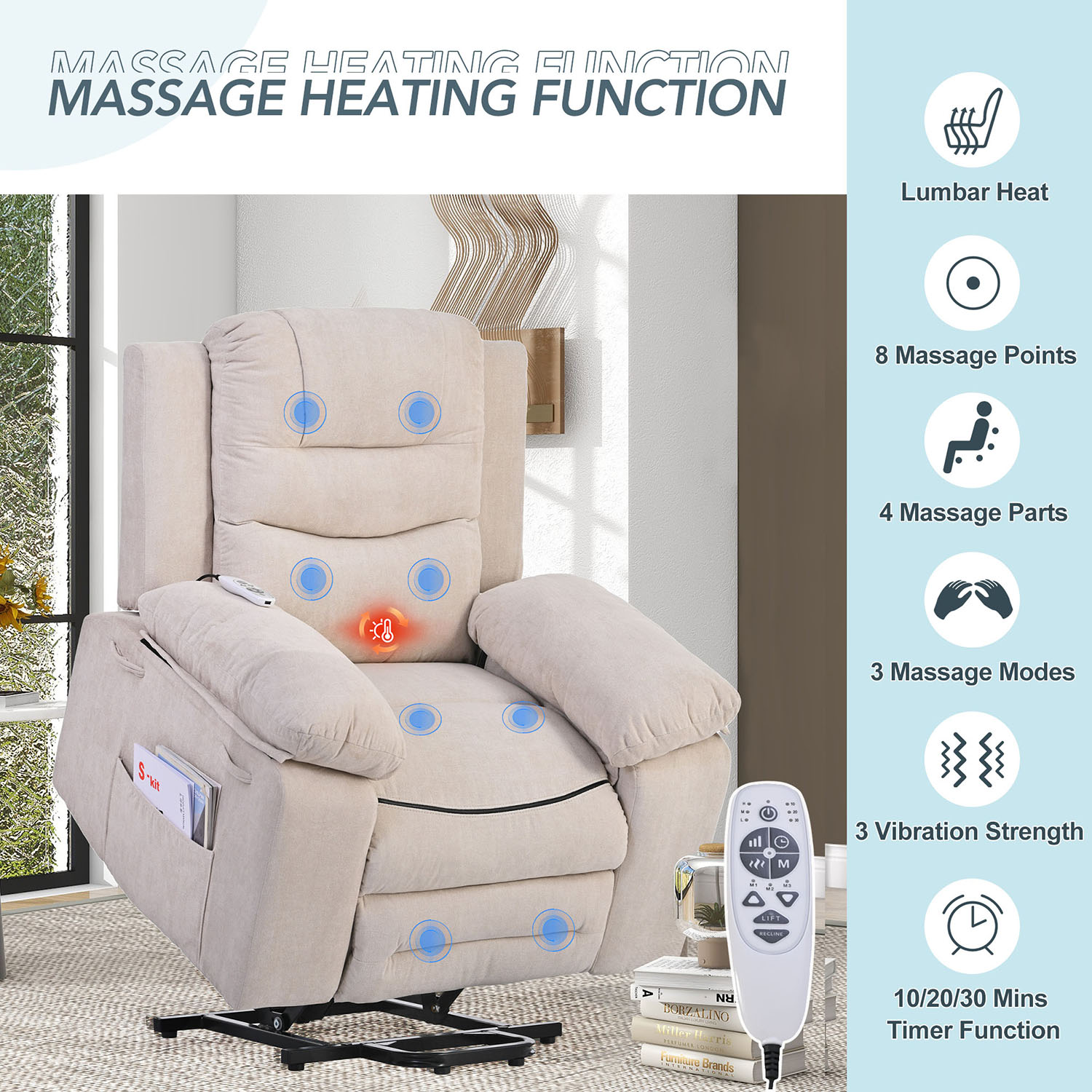 Kepooman Massage Recliner, Power Lift Chair for Elderly with Adjustable Massage and Heating Function, Recliner Chair with Infinite Position and Side Pocket, Beige Kepooman Massage Recliner, Power Lift Chair for Elderly with Adjustable Massage and Heating Function, Recliner Chair with Infinite Position and Side Pocket, Beige