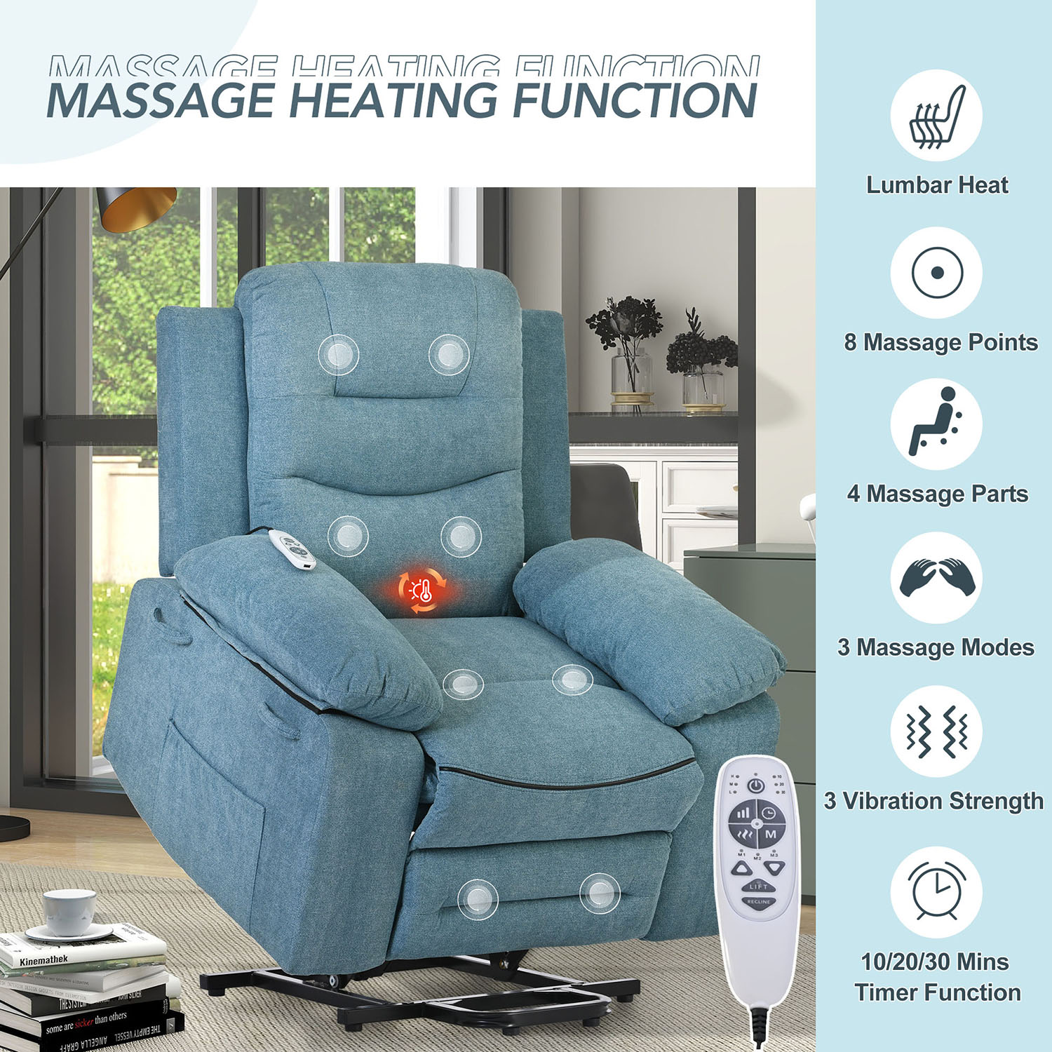 Kepooman Massage Recliner, Power Lift Chair for Elderly with Adjustable Massage and Heating Function, Recliner Chair with Infinite Position and Side Pocket, Blue