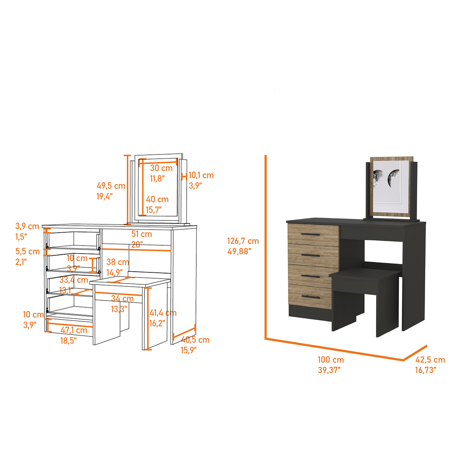 Kadyn 4-Drawer Makeup Dressing Table, Makeup Vanity Set with Stool, Black