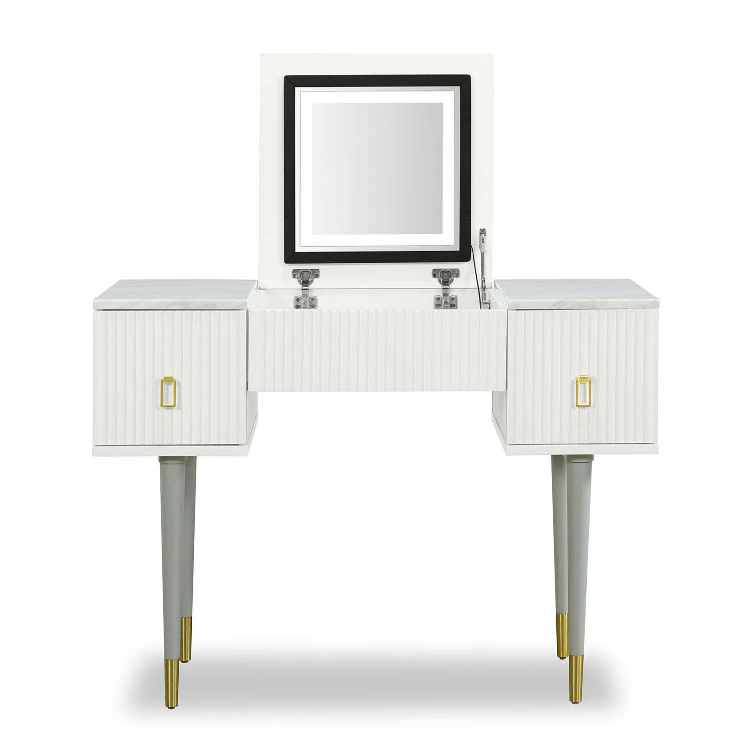 Kepooman 43.3" Modern Vanity Table Set with Flip-top Mirror and LED Light, Dressing Table with Customizable Storage, White and Gray Kepooman 43.3" Modern Vanity Table Set with Flip-top Mirror and LED Light, Dressing Table with Customizable Storage, White and Gray
