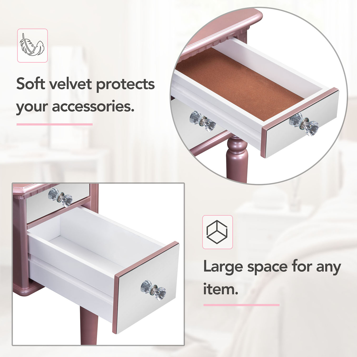 Kadyn 43" Dressing Table Set with Mirrored Drawers and Stool, Tri-fold Mirror, Makeup Vanity Set for Bedroom, Rose Gold