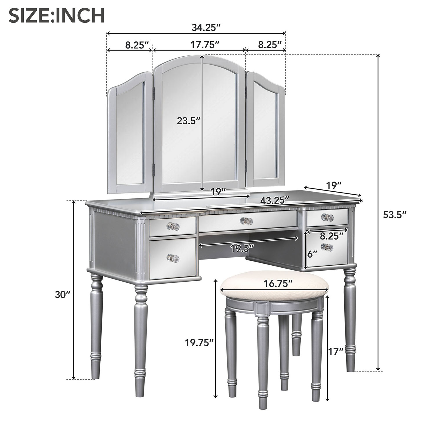 Kadyn 43" Dressing Table Set with Mirrored Drawers and Stool, Tri-fold Mirror, Makeup Vanity Set for Bedroom, Silver