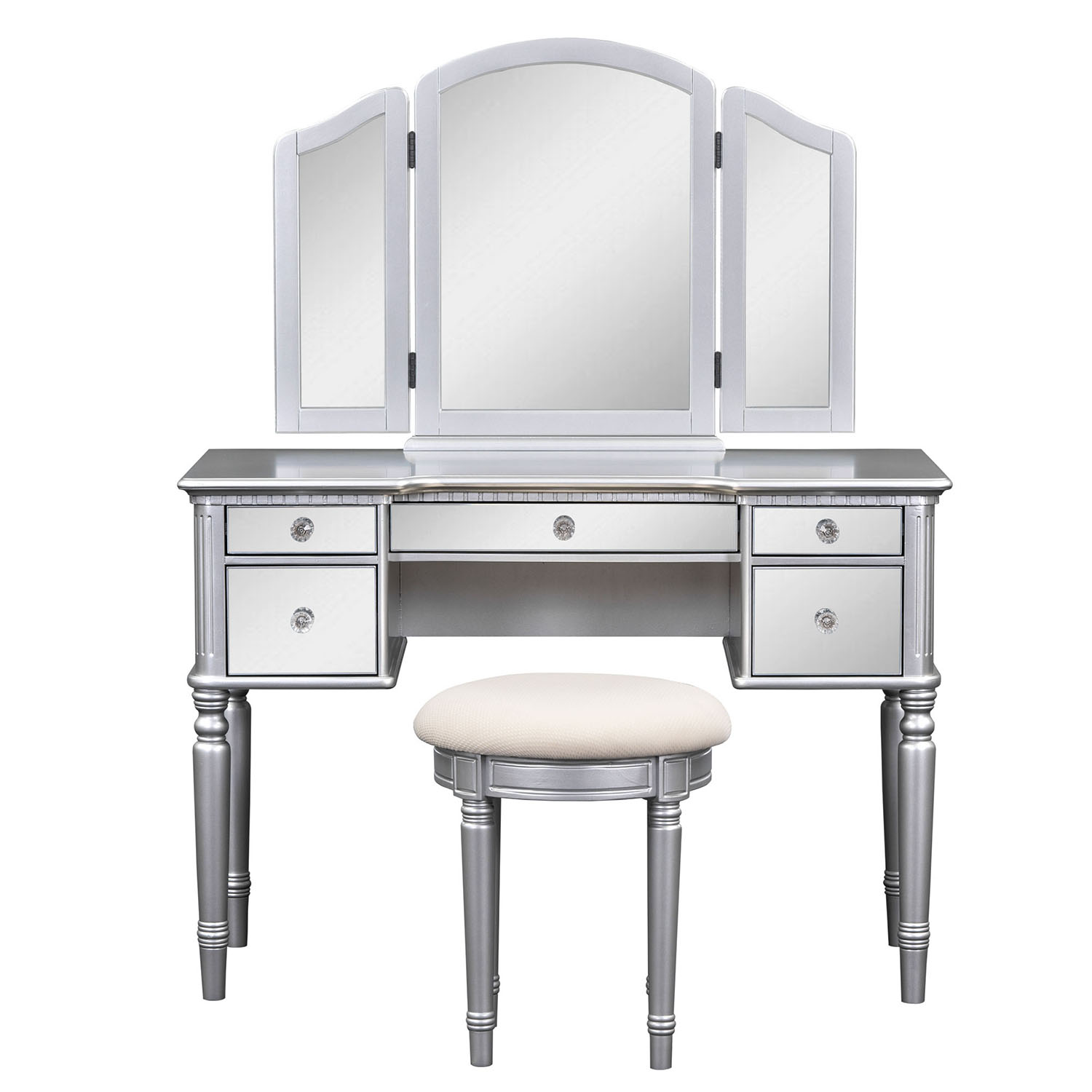 Kadyn 43" Dressing Table Set with Mirrored Drawers and Stool, Tri-fold Mirror, Makeup Vanity Set for Bedroom, Silver