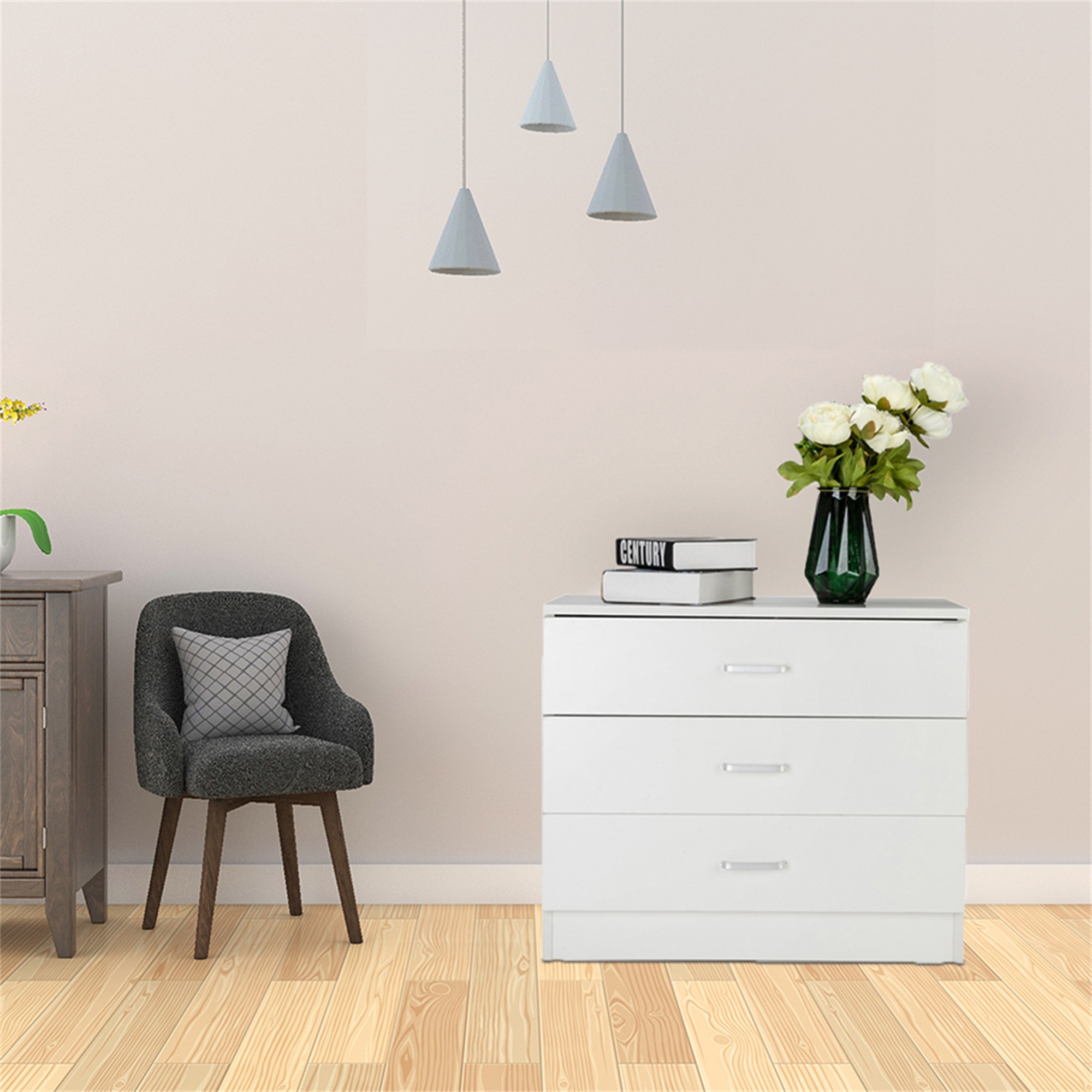 Kadyn 3 Drawer Dresser, Small Nightstand, Modern Storage Chest of Drawers, Solid Wood Side Table Bedside Chest for Bedroom, Living Room, Reception, White Nightstand Decorative Cabinet