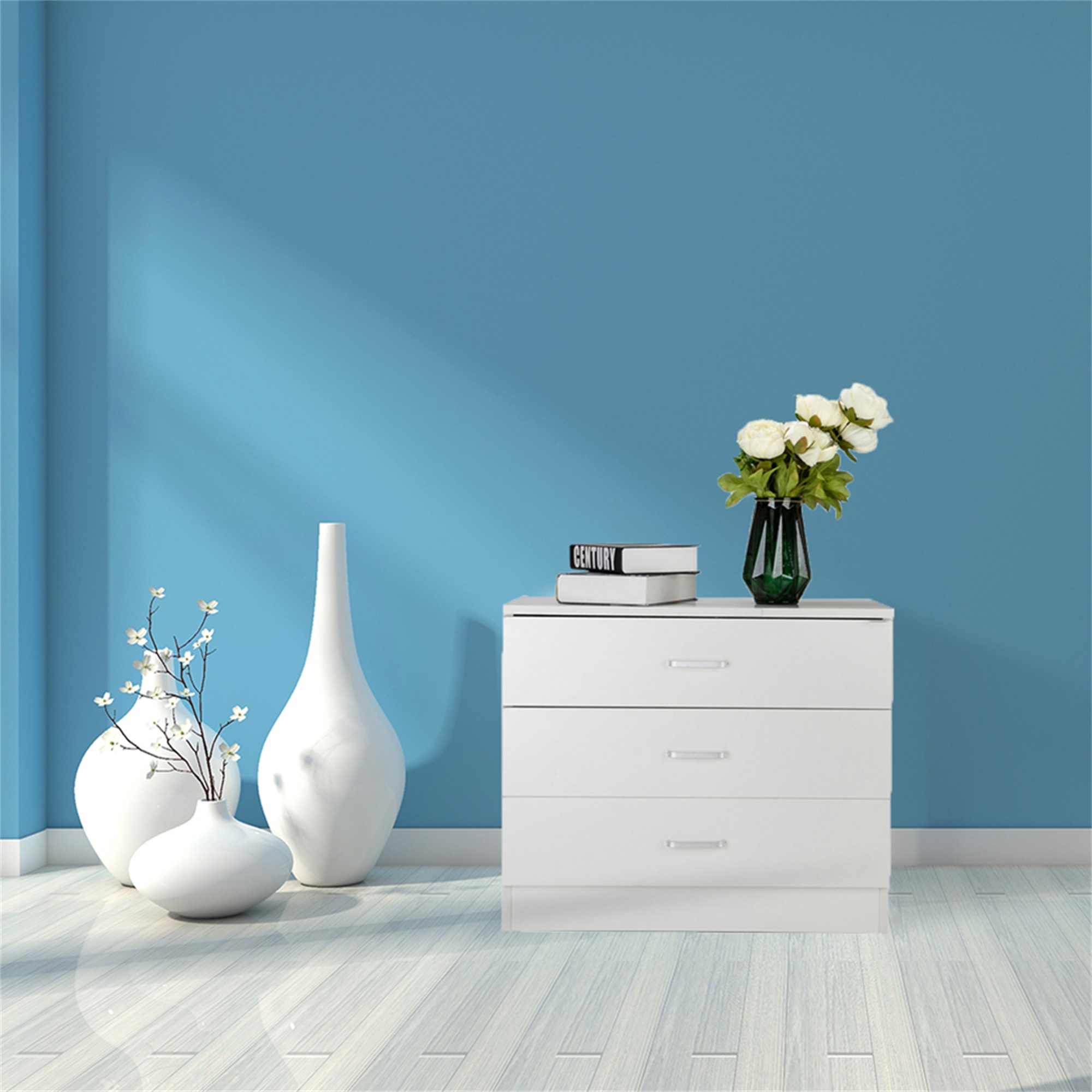 Kepooman Small Nightstand, 3 Drawer Dresser, Solid Wood Side Table Nightstand, Modern Storage Chest of Drawers for Bedroom, Living Room, Reception Room, White Nightstand Decorative Cabinet