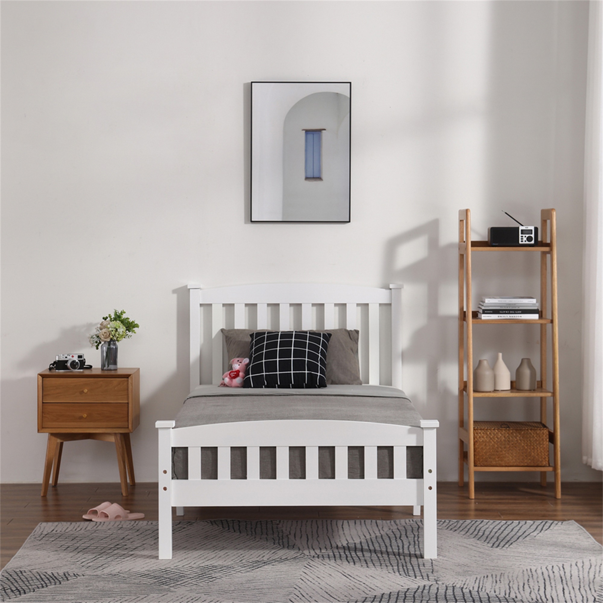 Kepooman Solid Wood Platform Bed with White Vertical Slat Headboard and Footboard, Full Size Bed Frame, Full Size Bed Frame Mattress Foundation with Wood Slat Support, Easy to Assemble, White