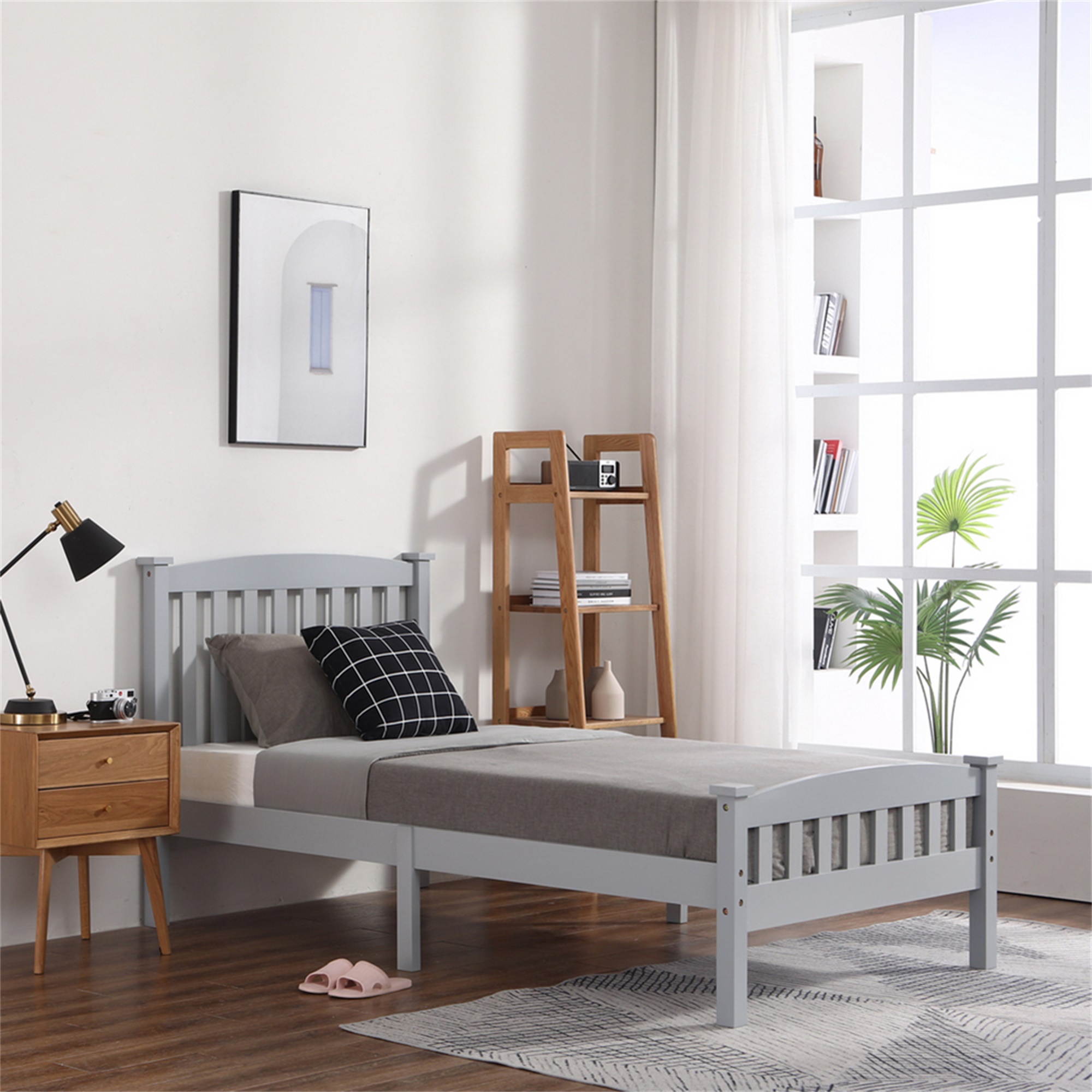 Kadyn Full-Size Bed Frame, Platform Bed Frame with Gray Vertical Slatted Headboard, Solid Wood Bed Frame with Footboard