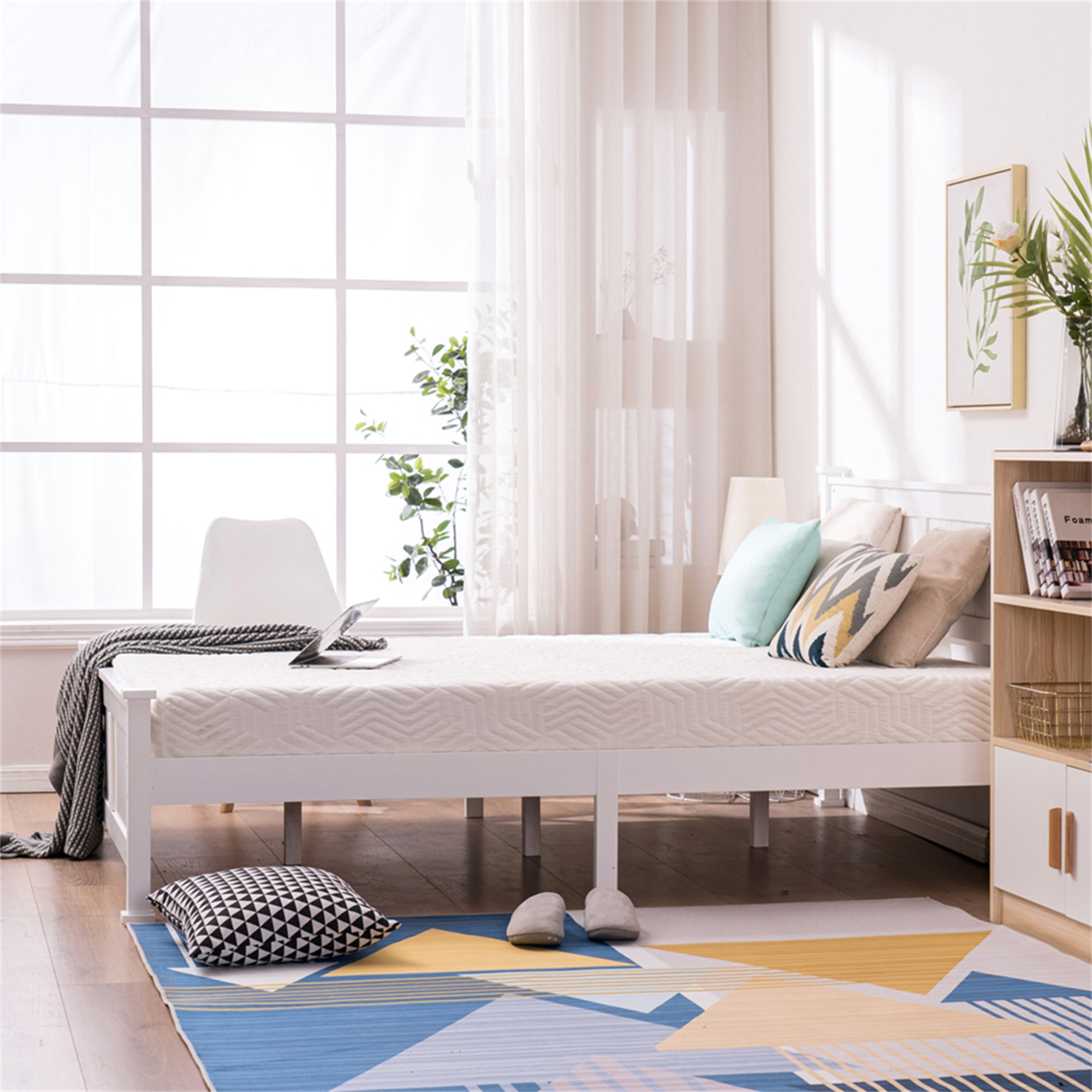 Kepooman with Headboard Bedroom Bed, Modern Queen Solid Wood Bed Frame Queen Full Size Bed Frame with Footboard, Solid Wood Slat Support, No Springs, White