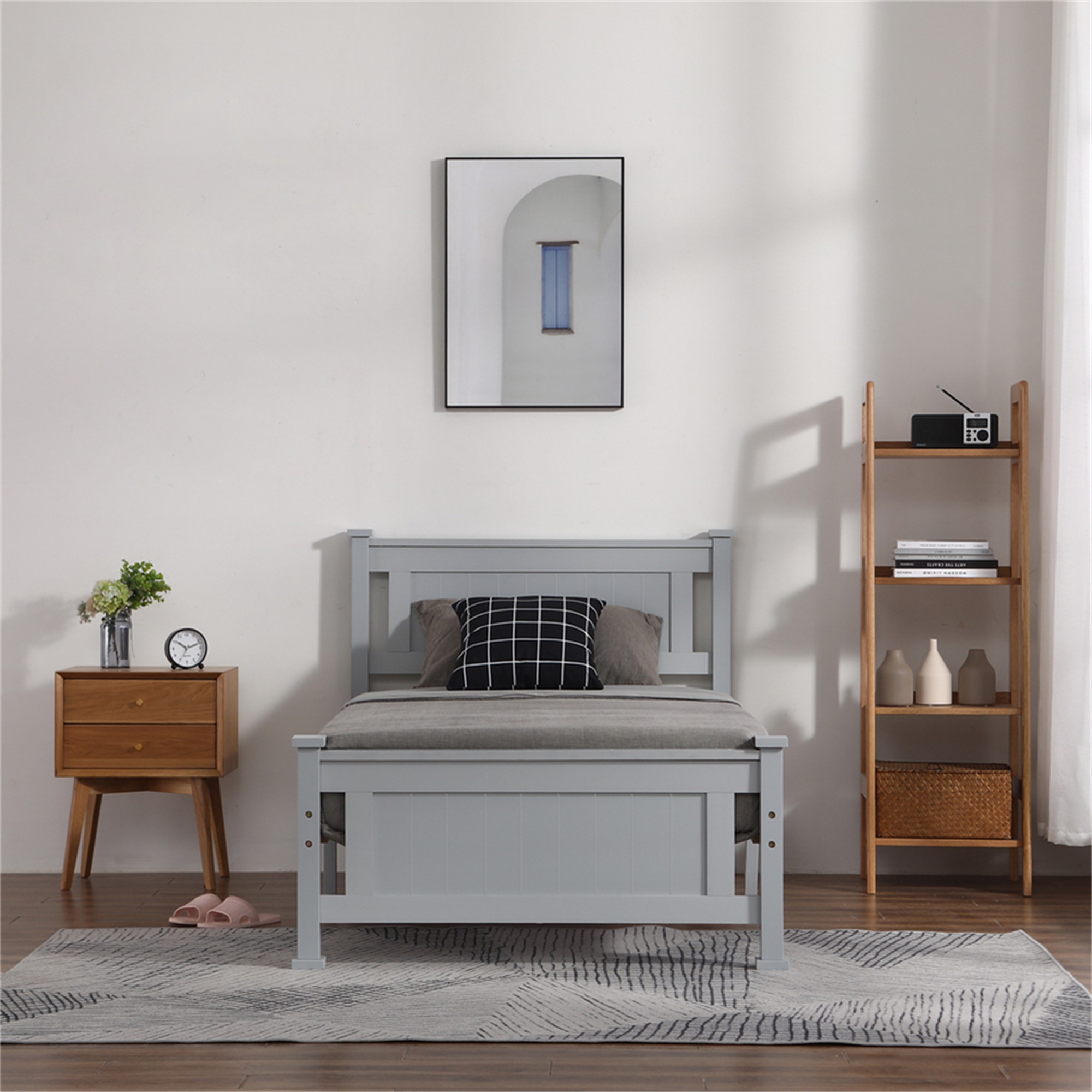 Kepooman Twin Bed Frame, Single Core Full Panel Headboard, Gray Twin Decorative Bed, No Springs Required, Single Solid Pine Bed Kepooman Twin Bed Frame, Single Core Full Panel Headboard, Gray Twin Decorative Bed, No Springs Required, Single Solid Pine Bed