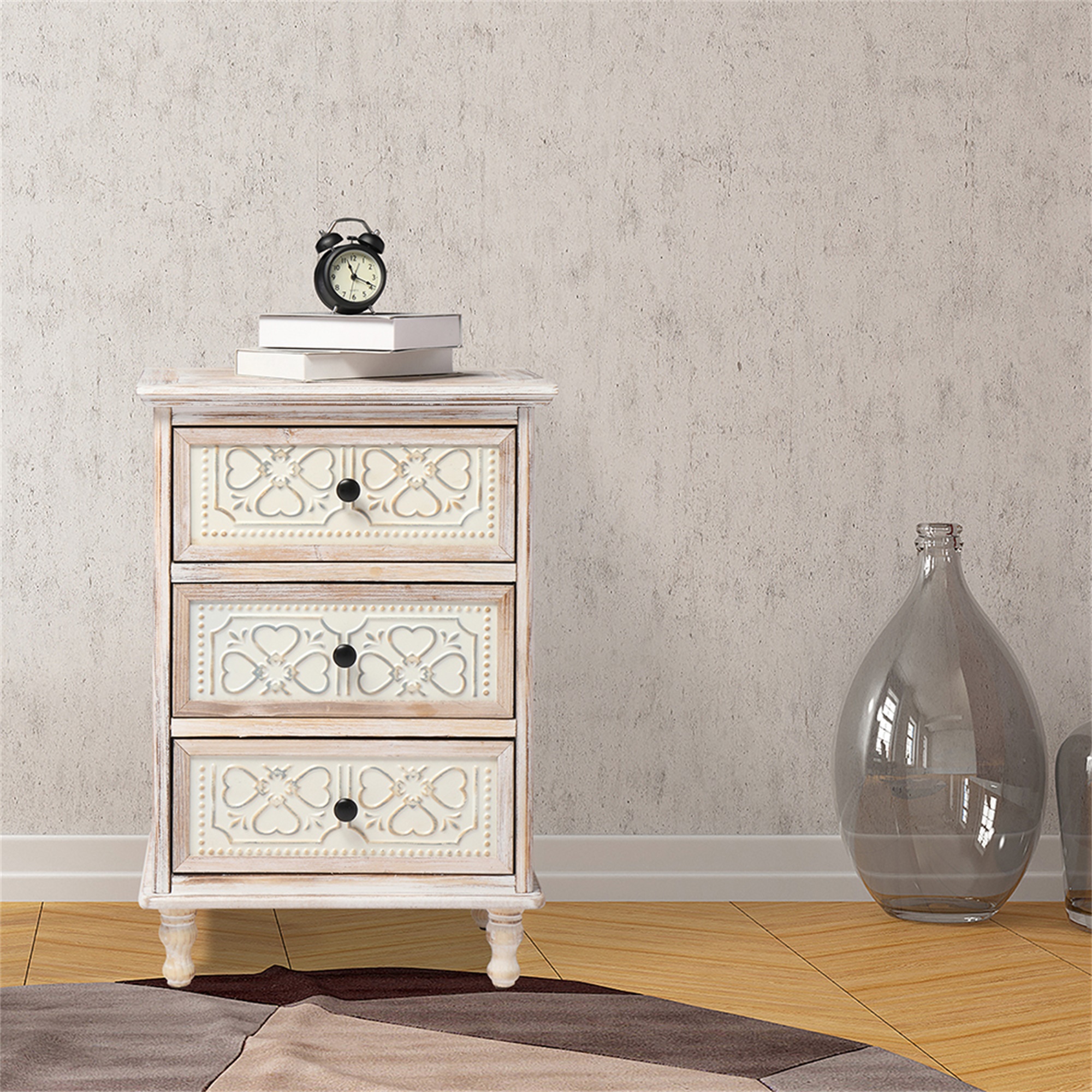 Kadyn 3 Drawer Nightstand, Decorative Storage Chest, Durable Solid Wood and MDF Veneer Fir Construction, Iron Piece Carved Bedside Table for Bedroom, Living Room, Entryway Washed White Finish