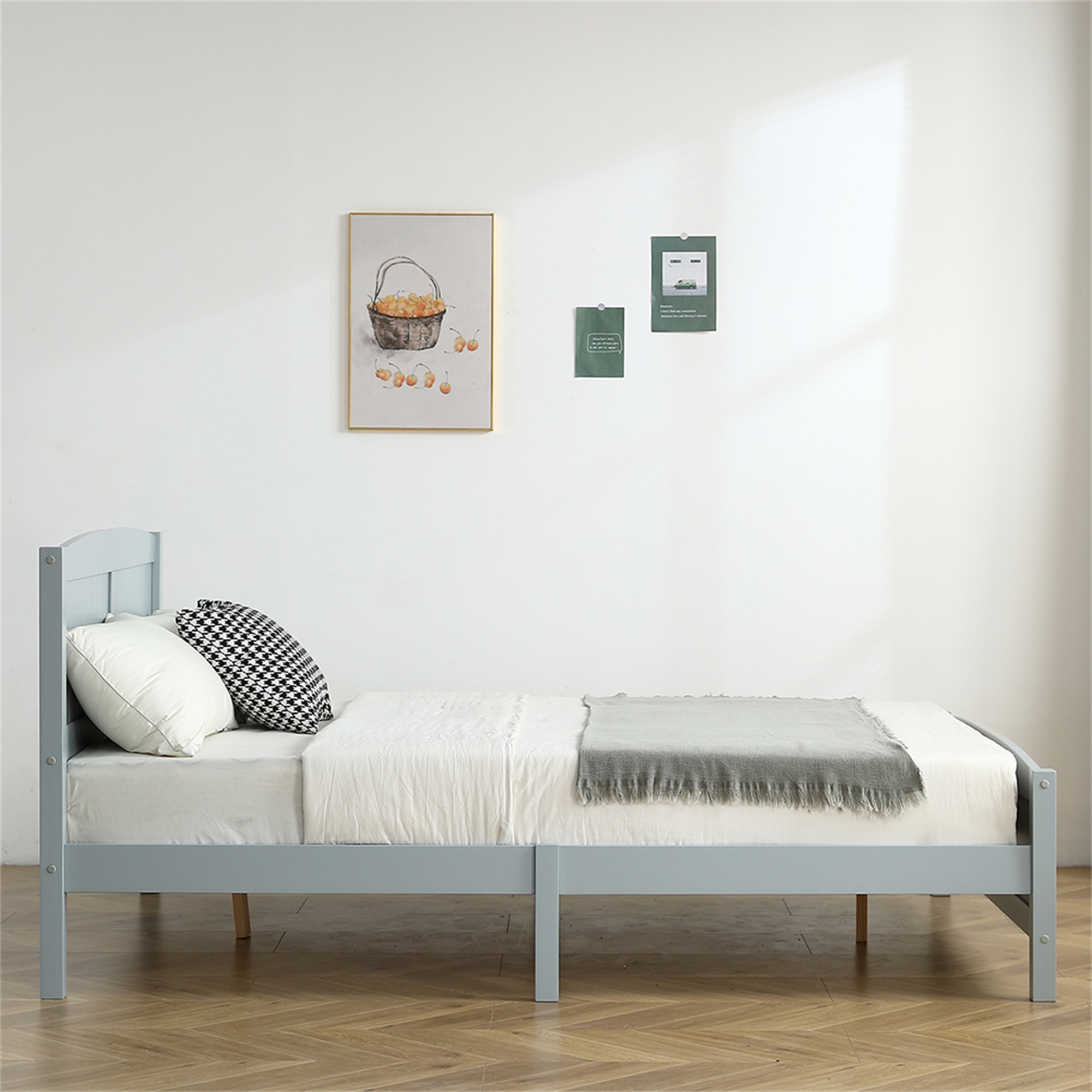 Kadyn Full Size Solid Wood Platform Bed Frame with Vertical Stripes Curved Headboard with Slat Supportwood Bed Frame Gray Solid Wood Bed