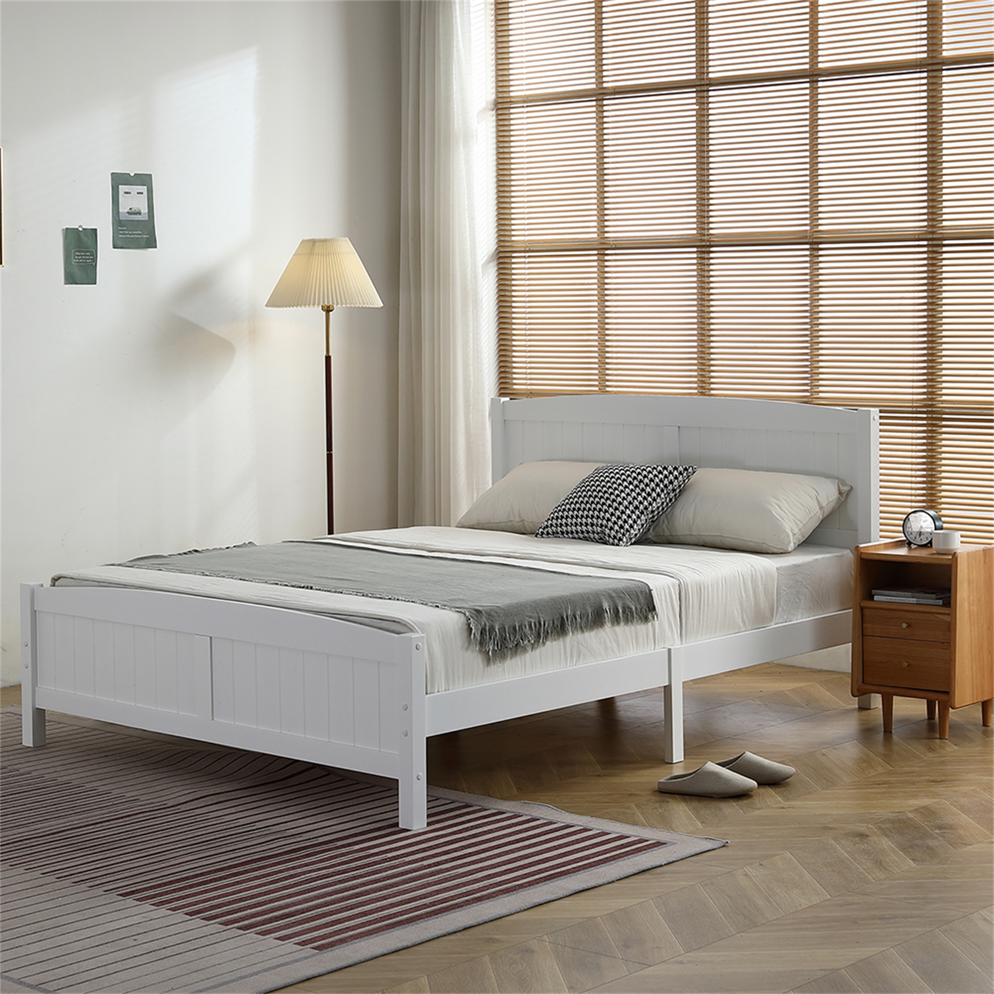 Kepooman Queen Size Bed Frame, Solid Wood Headboard, Queen Size Vertical Bed with Slat Supports, Queen Size Platform Bed Frame, White