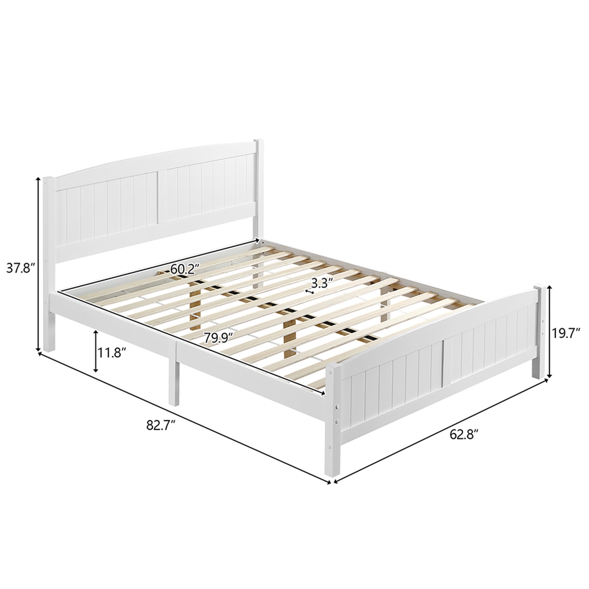 Kepooman Queen Size Bed Frame, Solid Wood Headboard, Queen Size Vertical Bed with Slat Supports, Queen Size Platform Bed Frame, White