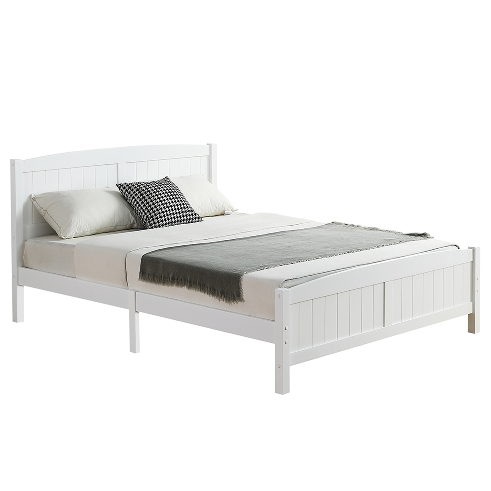 Kepooman Queen Size Bed Frame, Solid Wood Headboard, Queen Size Vertical Bed with Slat Supports, Queen Size Platform Bed Frame, White