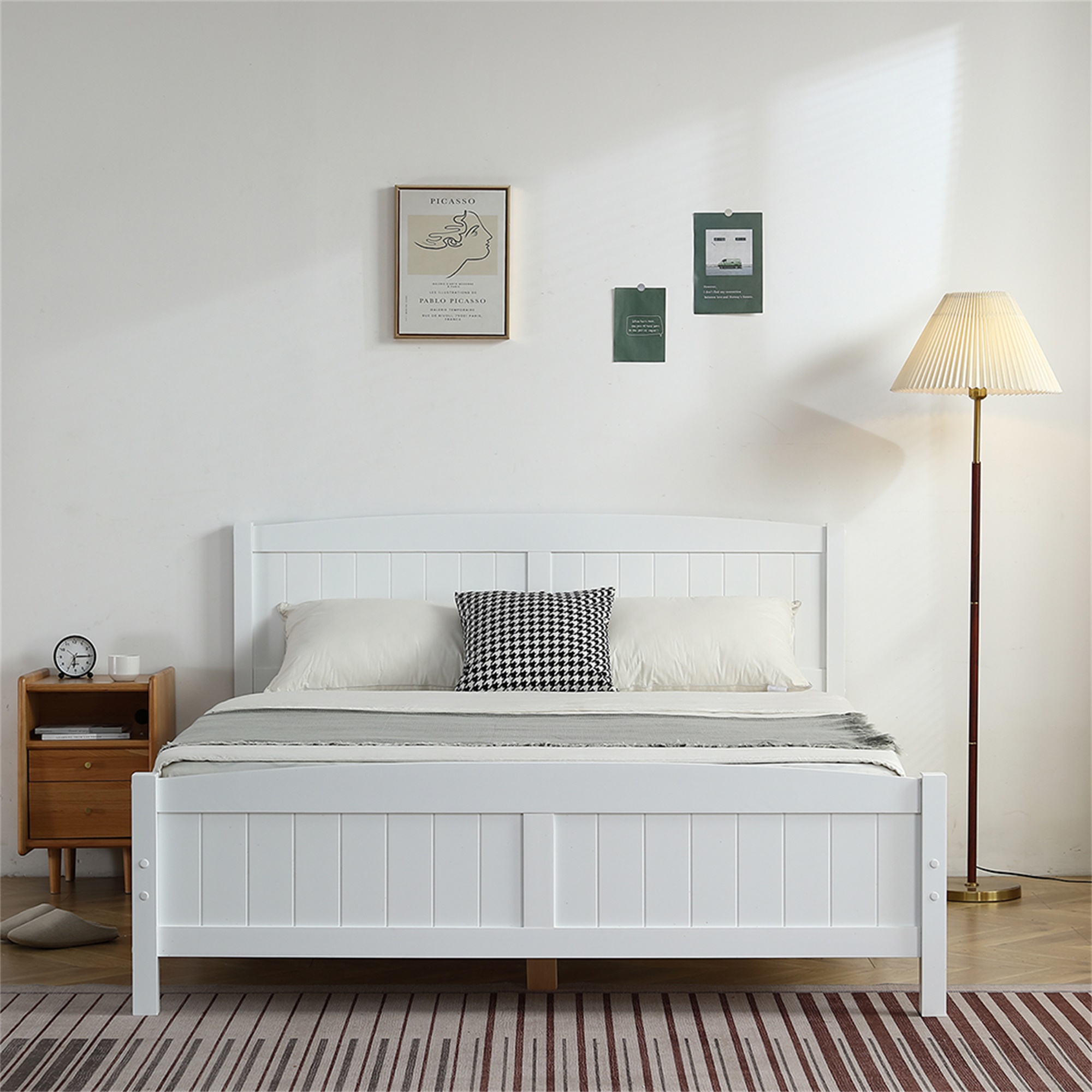 Kepooman Queen Size Bed Frame, Solid Wood Headboard, Queen Size Vertical Bed with Slat Supports, Queen Size Platform Bed Frame, White