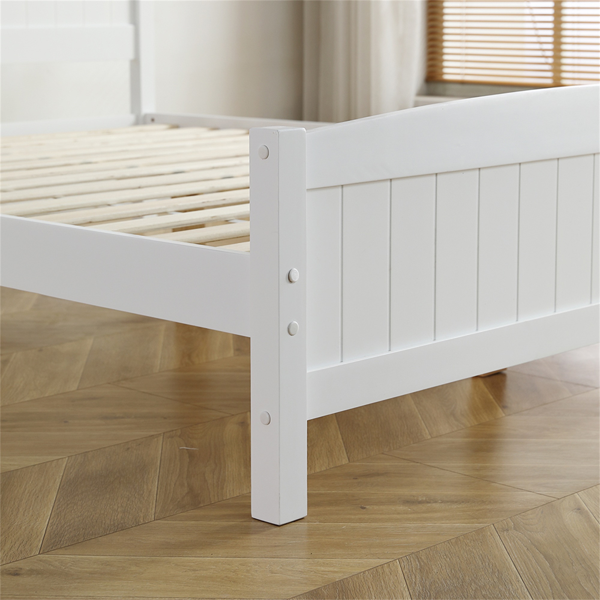 Kepooman Queen Size Bed Frame, Solid Wood Headboard, Queen Size Vertical Bed with Slat Supports, Queen Size Platform Bed Frame, White