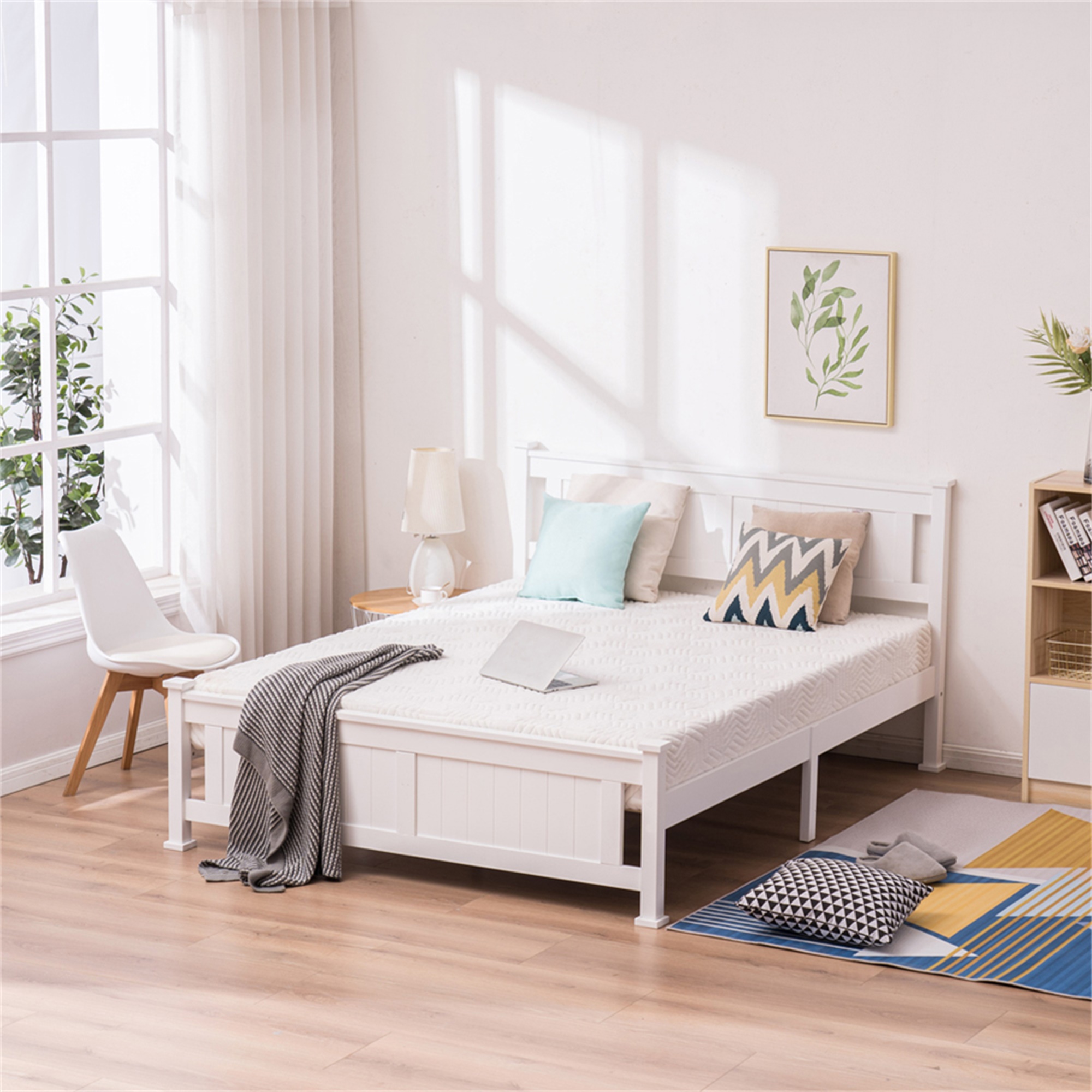 Kepooman Queen Bed Frame with Mattress Foundation with Solid Wood Slats, Adult Bedroom Bed with Headboard, Classic Full Size Adult Platform Bed, White
