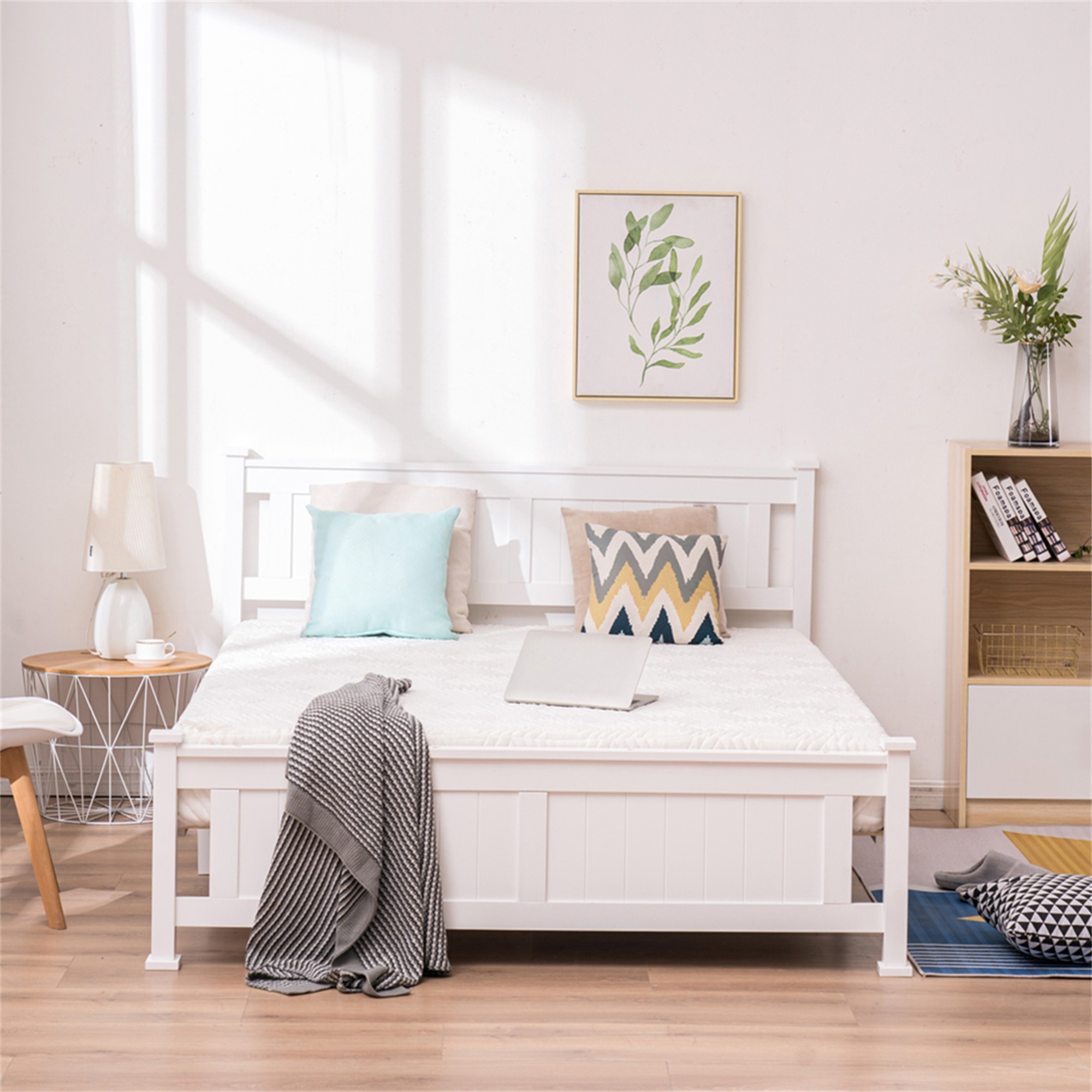 Kepooman Queen Bed Frame with Mattress Foundation with Solid Wood Slats, Adult Bedroom Bed with Headboard, Classic Full Size Adult Platform Bed, White