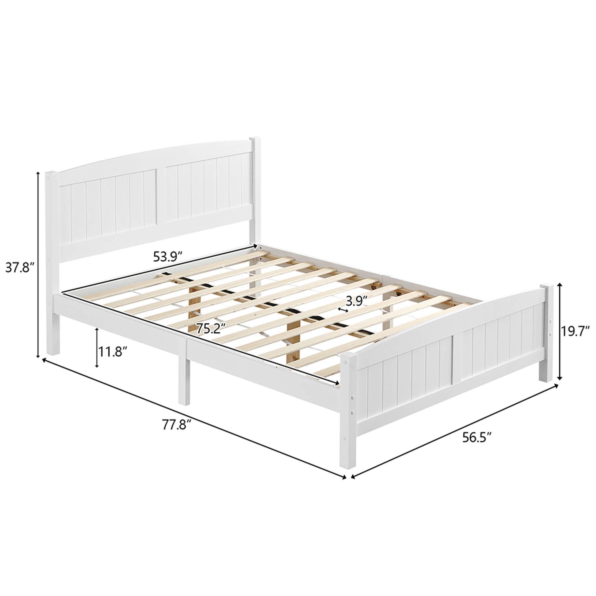 Kadyn Full Size Solid Wood Platform Bed: Bed with All Pine Single Core Vertical Stripe Full Slat Curved Headboard and Foot of Bed, Wood Bed Frame with Wood Slat Support, White