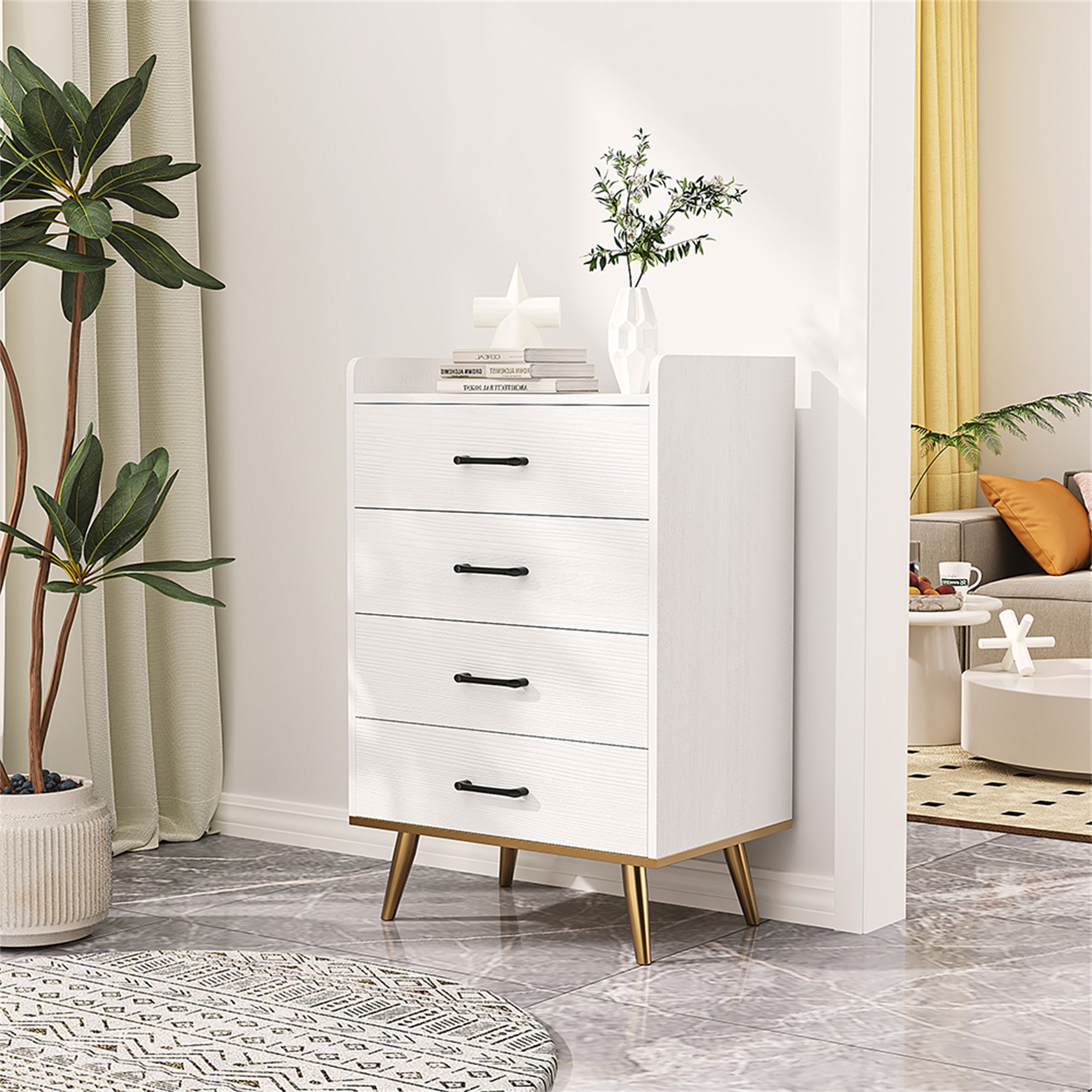 Kepooman Small Dresser Storage Chest with Handles, White 4 Drawer Dresser Solid Wood Modern Tall Dresser, Solid Wood Nightstand, Tall Chest of Drawers for Bedroom, Hallway, Living Room