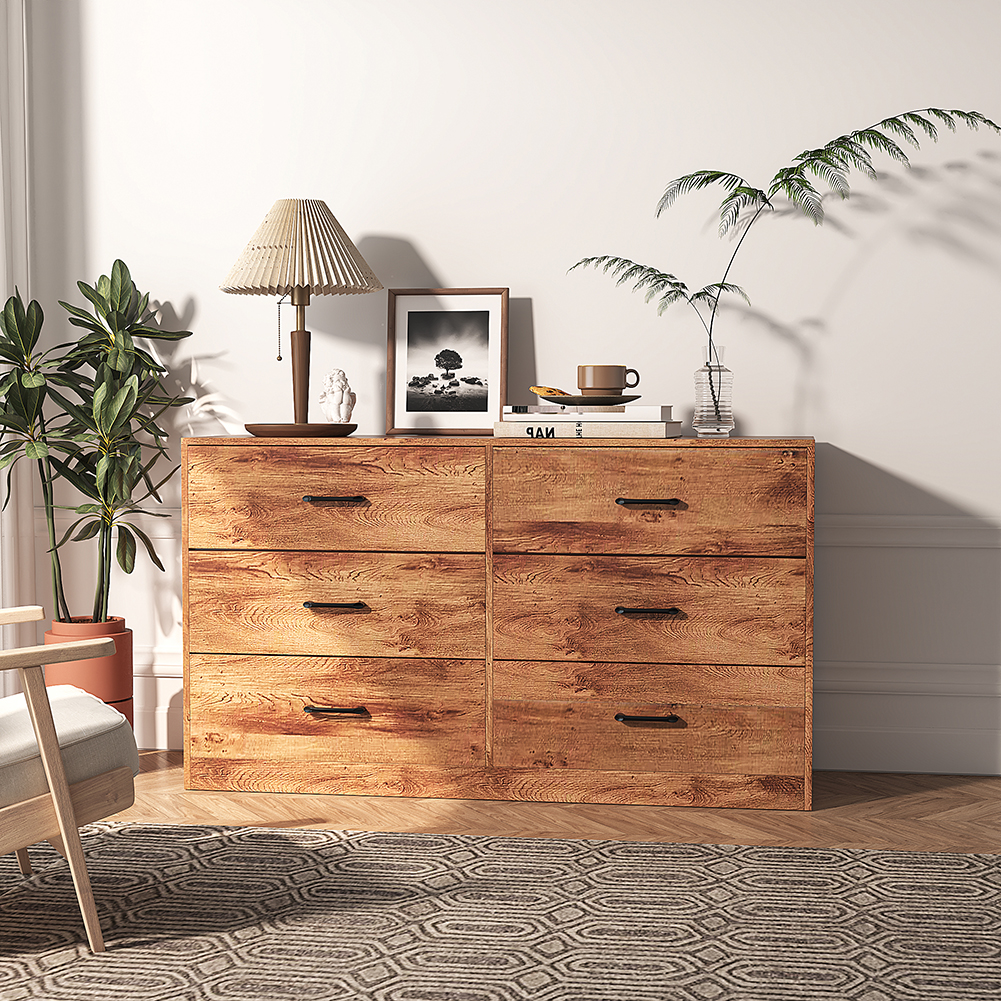 Kepooman Lightweight Storage Chest with 3+3 Wooden Shelves with Handles, 6 Drawer Dresser Double Chest of Drawers, Living Room Hallway Decorative Chest, Original Wooden Color Kepooman Lightweight Storage Chest with 3+3 Wooden Shelves with Handles, 6 Drawer Dresser Double Chest of Drawers, Living Room Hallway Decorative Chest, Original Wooden Color