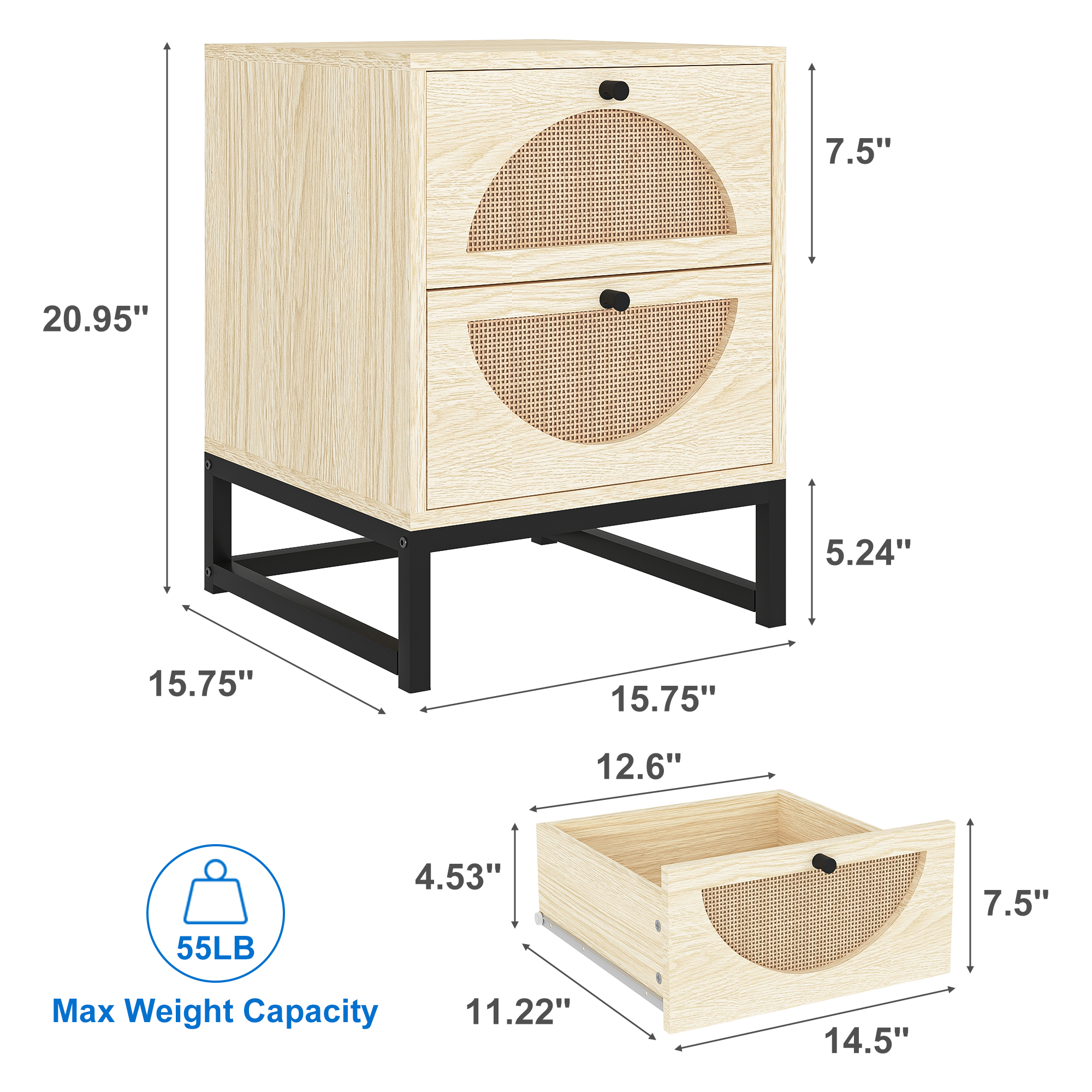 Kadyn 21" Nightstand with 2 Hand Made Rattan Drawers, Bedside Table for Bedroom ,Natural