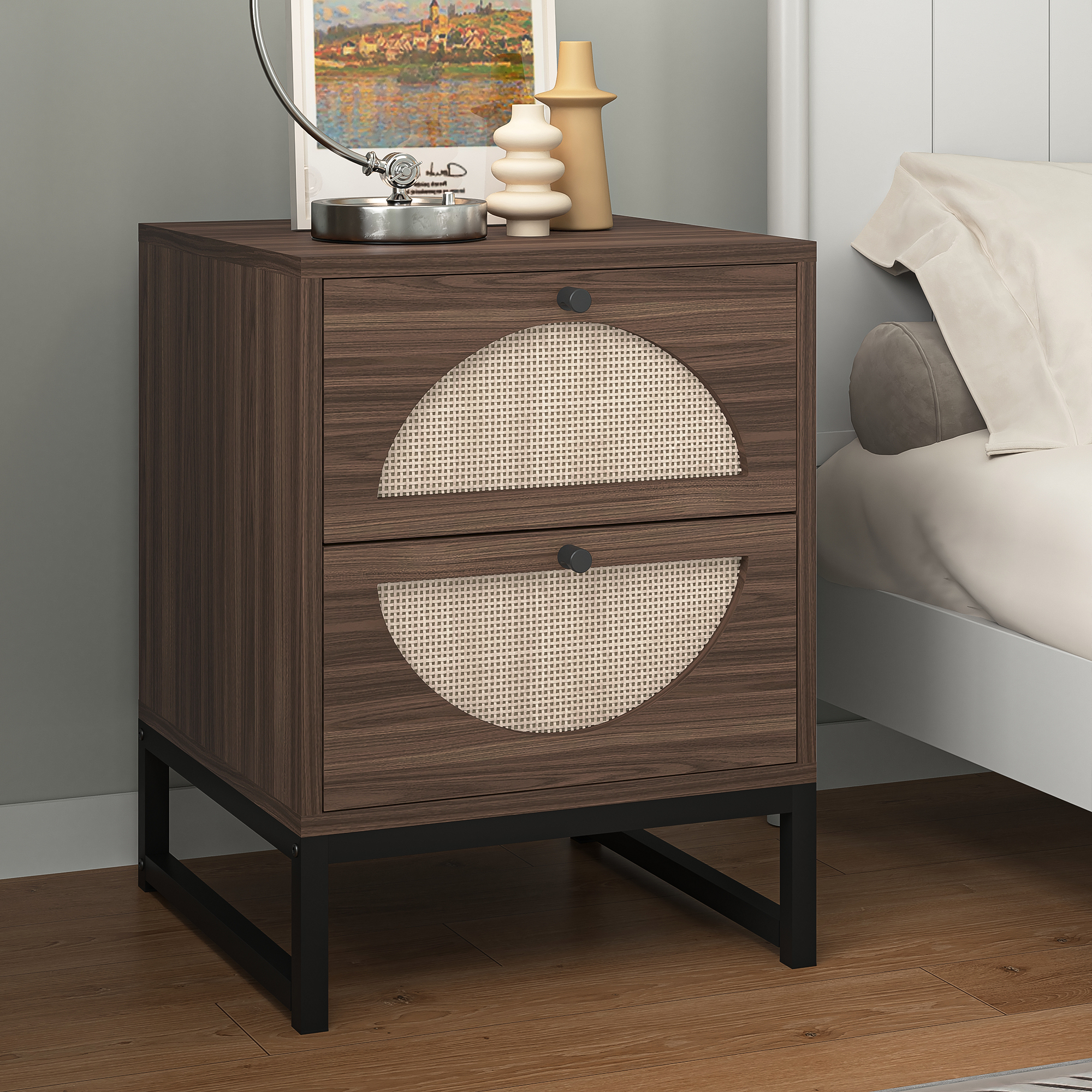 YYAo Bedside End Table with 2 Hand Made Rattan Decorated Storage Drawers, Nightstand Side Table for Bedroom and Living Room,Walnut