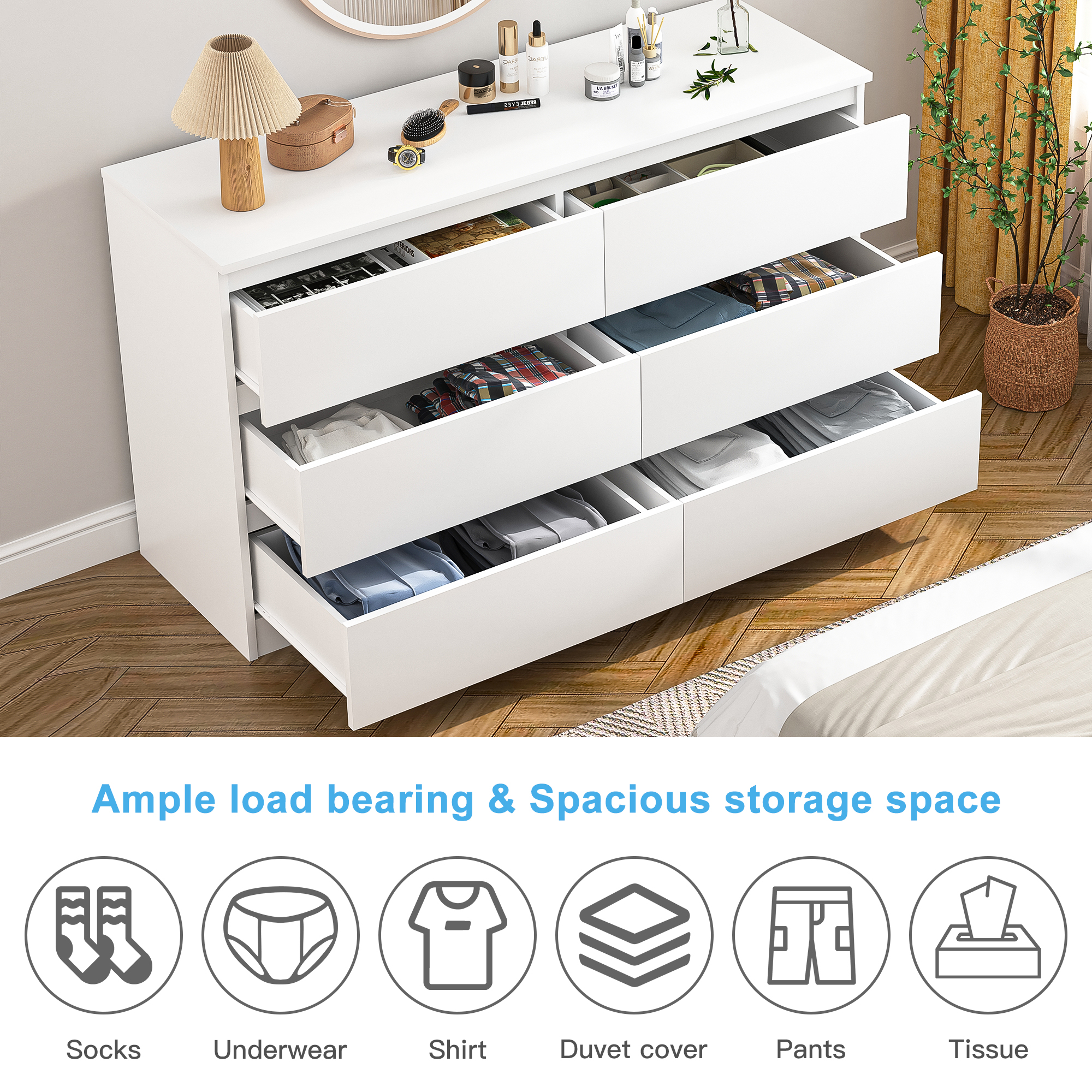 YYAo Particle Board 6 Drawer Dresser, Large Modern Chest of 6 Drawers Night Table, Storage Cabinet for Bedroom, Closet, Living Room, White