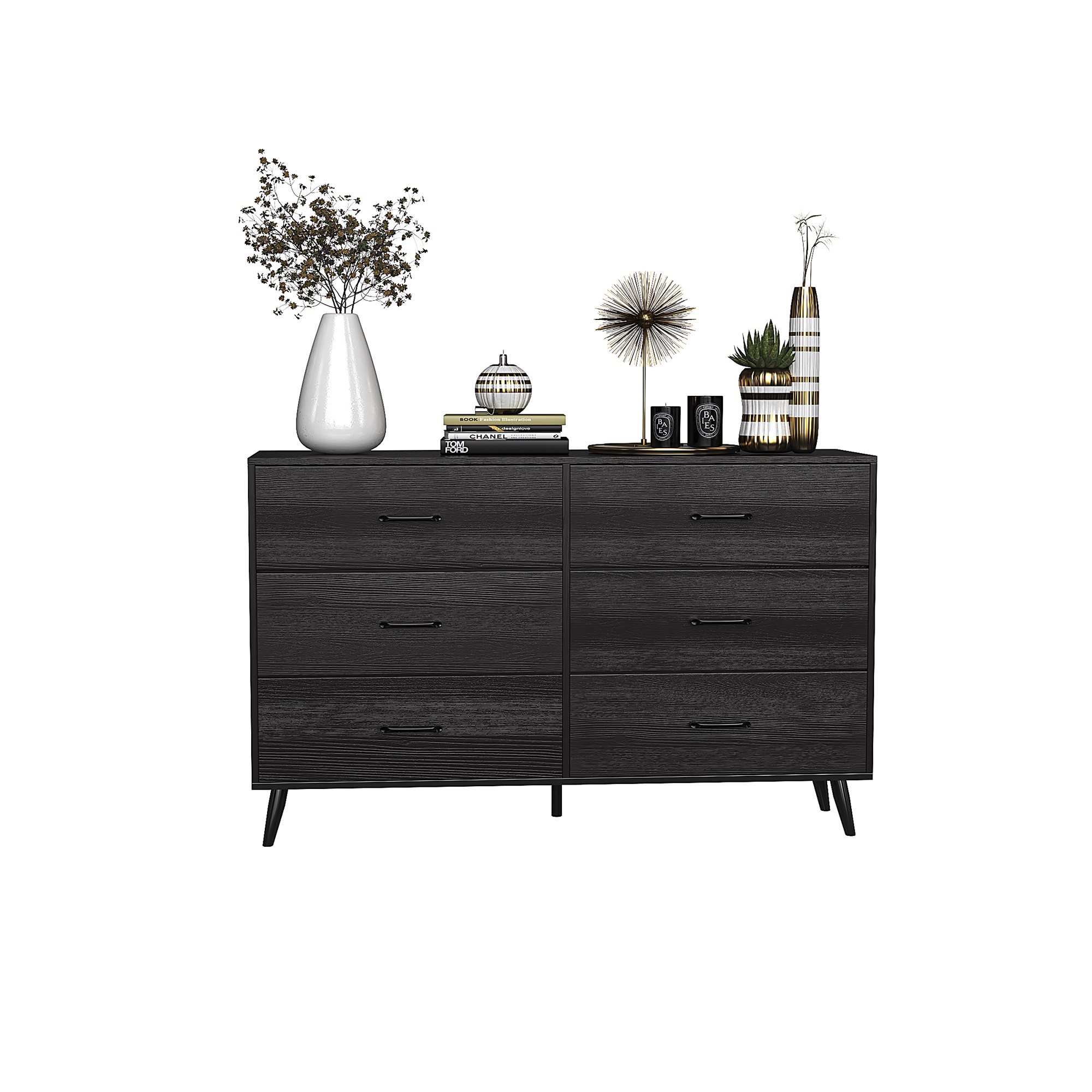 Kadyn Black Chest of Drawer, 6 Double Drawer Dresser for Bedroom, Modern Storage Cabinet for Living Room, Nursery Dresser