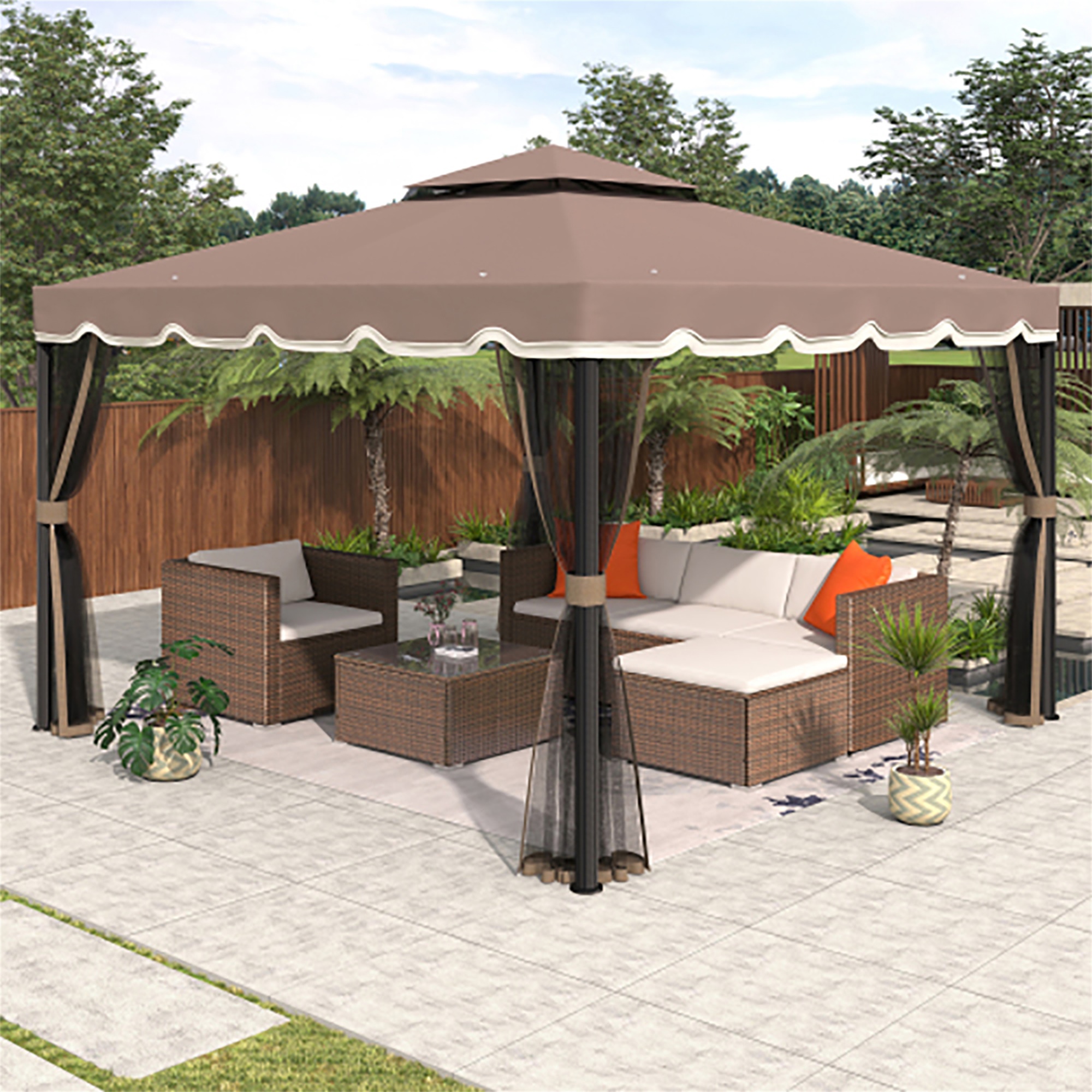 Kadyn Outdoor Patio Gazebo with Mesh Cover and Iron Ventilated Dome for Backyard, Poolside and Deck, UV Resistant (UPF 50+)/Flame Retardant, 9.8 ft W x 9.8 ft L, Brown