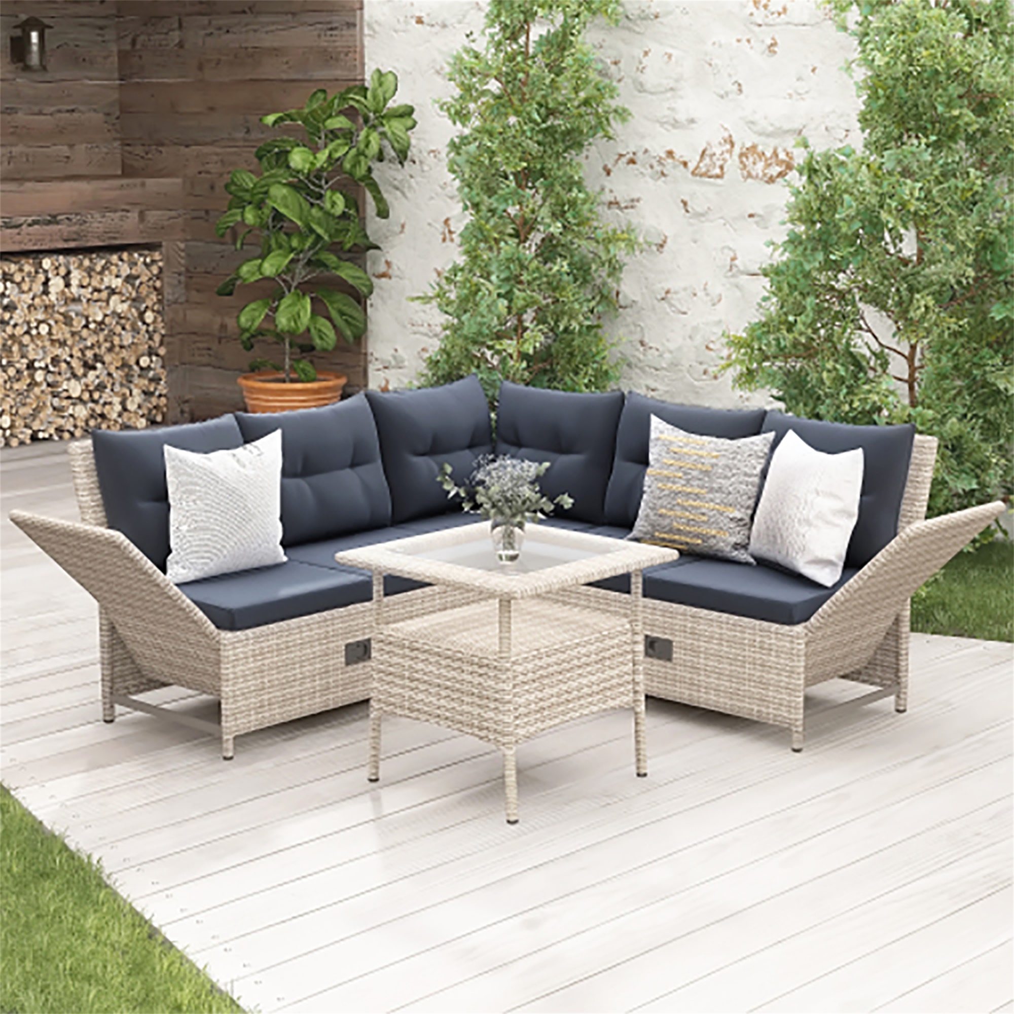 Kadyn All-weather PE Wicker Rattan Sectional Set with Adjustable Backrests for Outdoor Patio, Backyard, Poolside (4 Piece Natural Rattan + Gray Cushions)