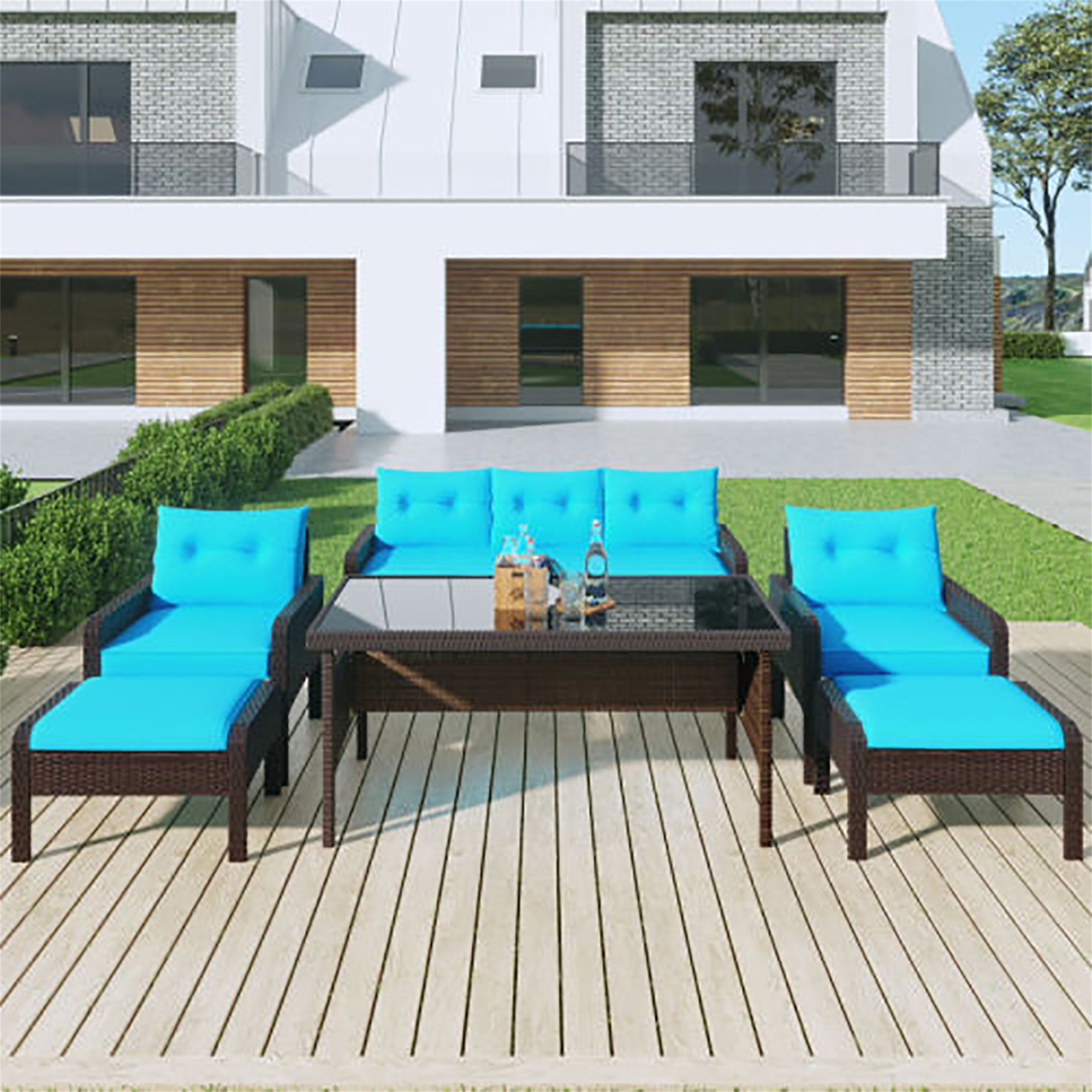 Kepooman 6 Piece All Weather Wicker PE Rattan Patio Outdoor Dining Conversation Set Sofa Set with Coffee Table, Sofa, Ottoman, Removable Cushions for Garden, Backyard, Porch, Poolside Kepooman 6 Piece All Weather Wicker PE Rattan Patio Outdoor Dining Conversation Set Sofa Set with Coffee Table, Sofa, Ottoman, Removable Cushions for Garden, Backyard, Porch, Poolside