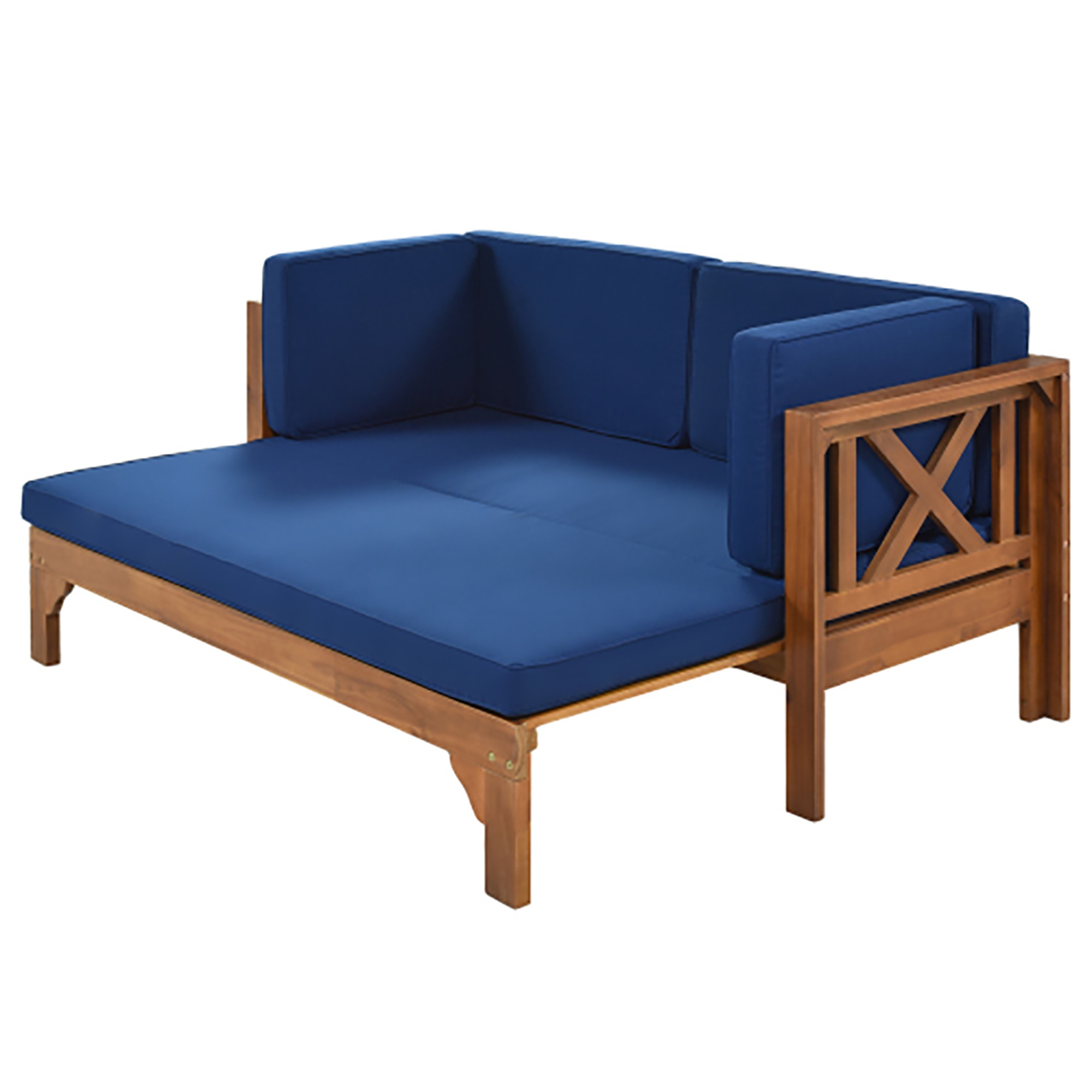 Kepooman Outdoor Patio Stretch Solid Wood Sofa Set Combo Furniture, Patio Furniture Sofa, Ottoman with Thick Cushions, Brown Finish + Blue Cushions Kepooman Outdoor Patio Stretch Solid Wood Sofa Set Combo Furniture, Patio Furniture Sofa, Ottoman with Thick Cushions, Brown Finish + Blue Cushions