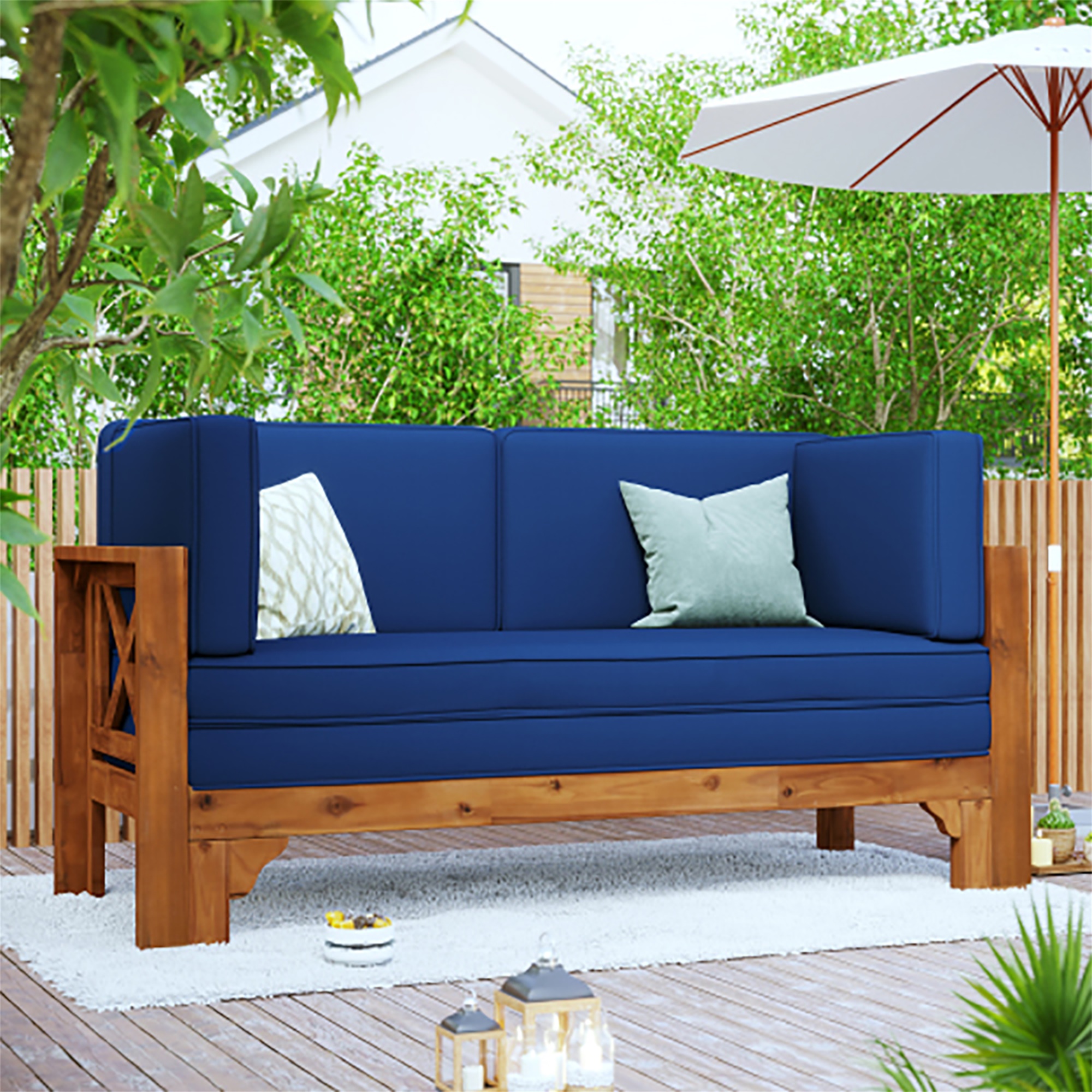 Kepooman Outdoor Patio Stretch Solid Wood Sofa Set Combo Furniture, Patio Furniture Sofa, Ottoman with Thick Cushions, Brown Finish + Blue Cushions Kepooman Outdoor Patio Stretch Solid Wood Sofa Set Combo Furniture, Patio Furniture Sofa, Ottoman with Thick Cushions, Brown Finish + Blue Cushions
