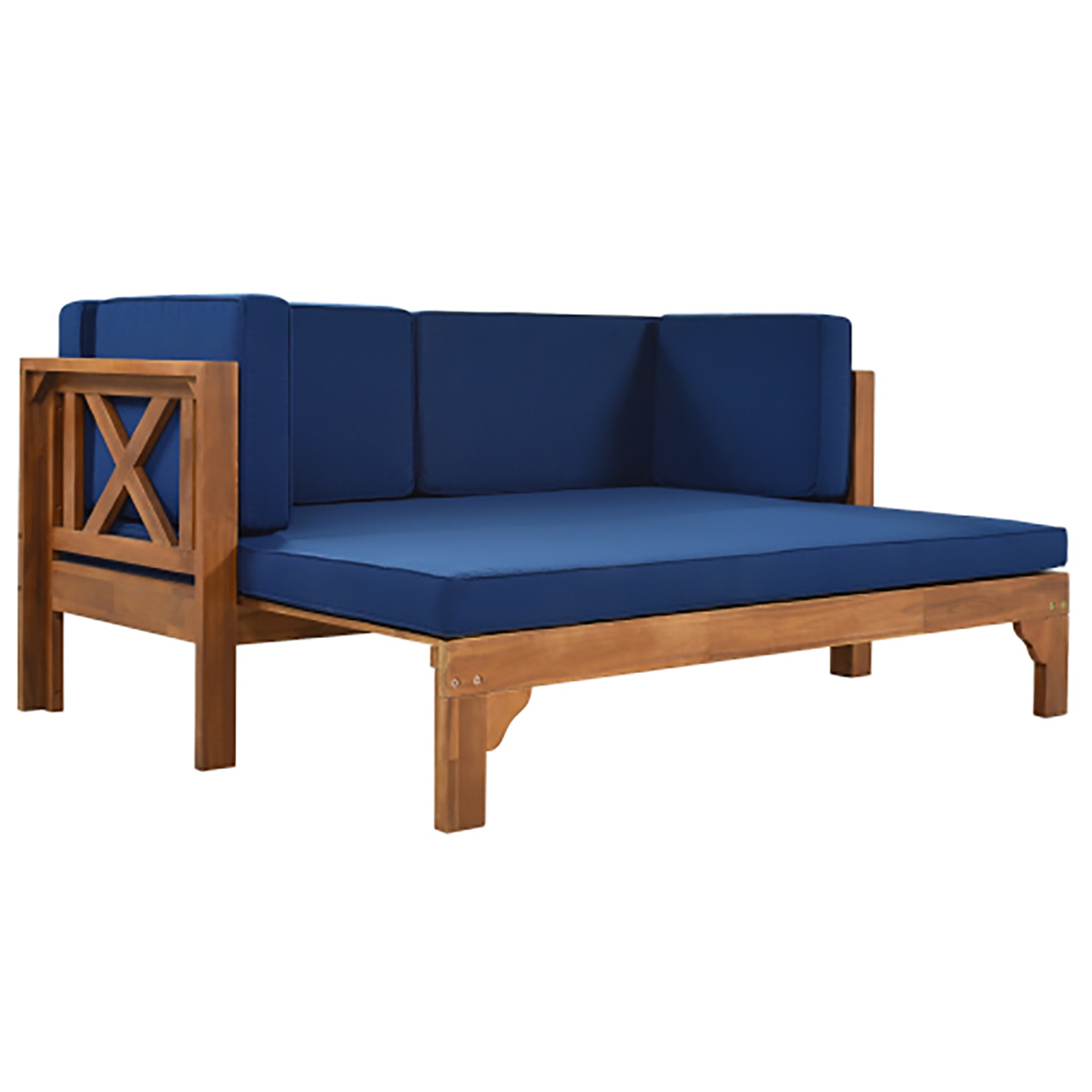 Kepooman Outdoor Patio Stretch Solid Wood Sofa Set Combo Furniture, Patio Furniture Sofa, Ottoman with Thick Cushions, Brown Finish + Blue Cushions Kepooman Outdoor Patio Stretch Solid Wood Sofa Set Combo Furniture, Patio Furniture Sofa, Ottoman with Thick Cushions, Brown Finish + Blue Cushions