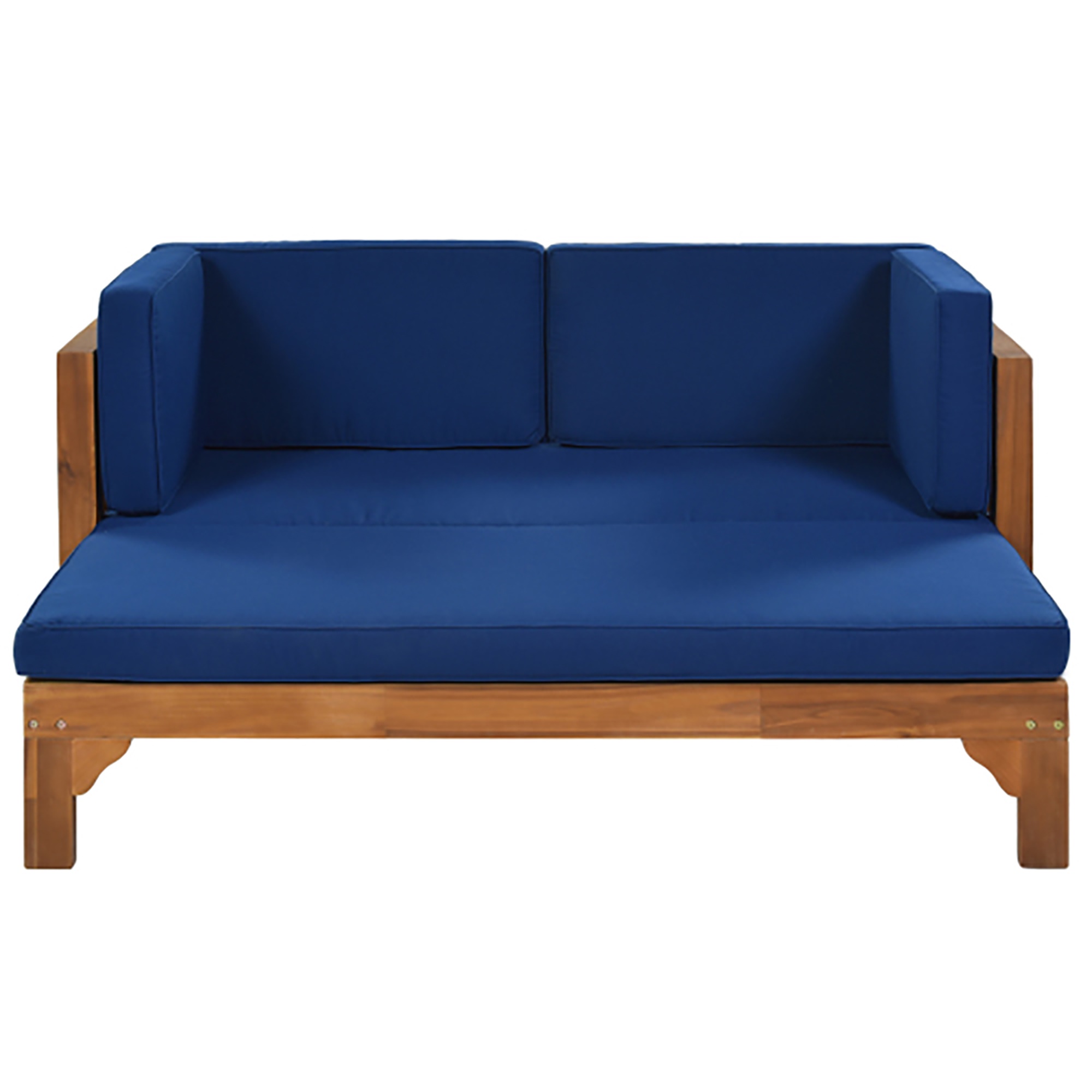 Kepooman Outdoor Patio Stretch Solid Wood Sofa Set Combo Furniture, Patio Furniture Sofa, Ottoman with Thick Cushions, Brown Finish + Blue Cushions Kepooman Outdoor Patio Stretch Solid Wood Sofa Set Combo Furniture, Patio Furniture Sofa, Ottoman with Thick Cushions, Brown Finish + Blue Cushions
