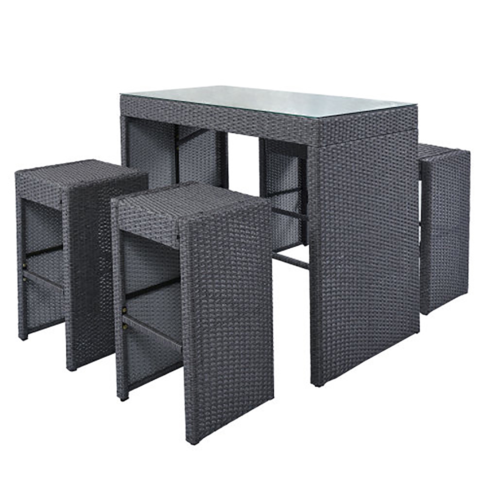 Kadyn Outdoor Patio 5-Piece Rattan Dining Table Set, PE Wicker Bar Furniture Set with with 4 Stools, Gray Cushion+Gray Wicker (Gray + Rattan)