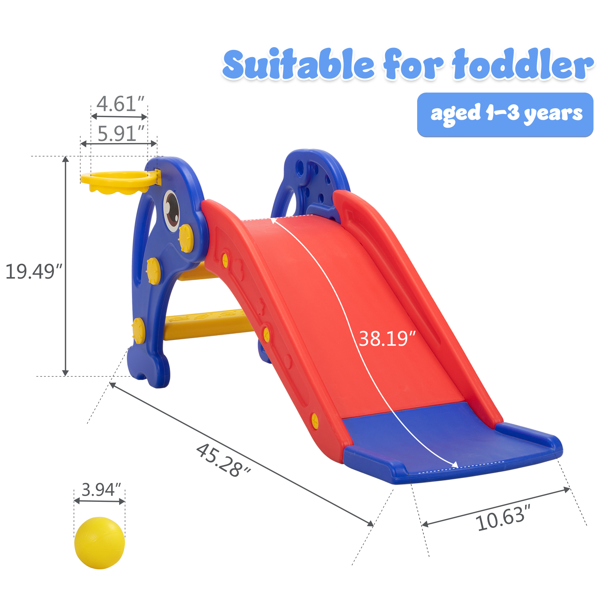 Kepooman 3 in 1 Toddler Slide Kids Slide, 45.3" Dolphins Play Slide for Outdoor and Indoor, Play Slide with Basketball Hoop, Ball and Ladder, Red and Blue Kepooman 3 in 1 Toddler Slide Kids Slide, 45.3" Dolphins Play Slide for Outdoor and Indoor, Play Slide with Basketball Hoop, Ball and Ladder, Red and Blue