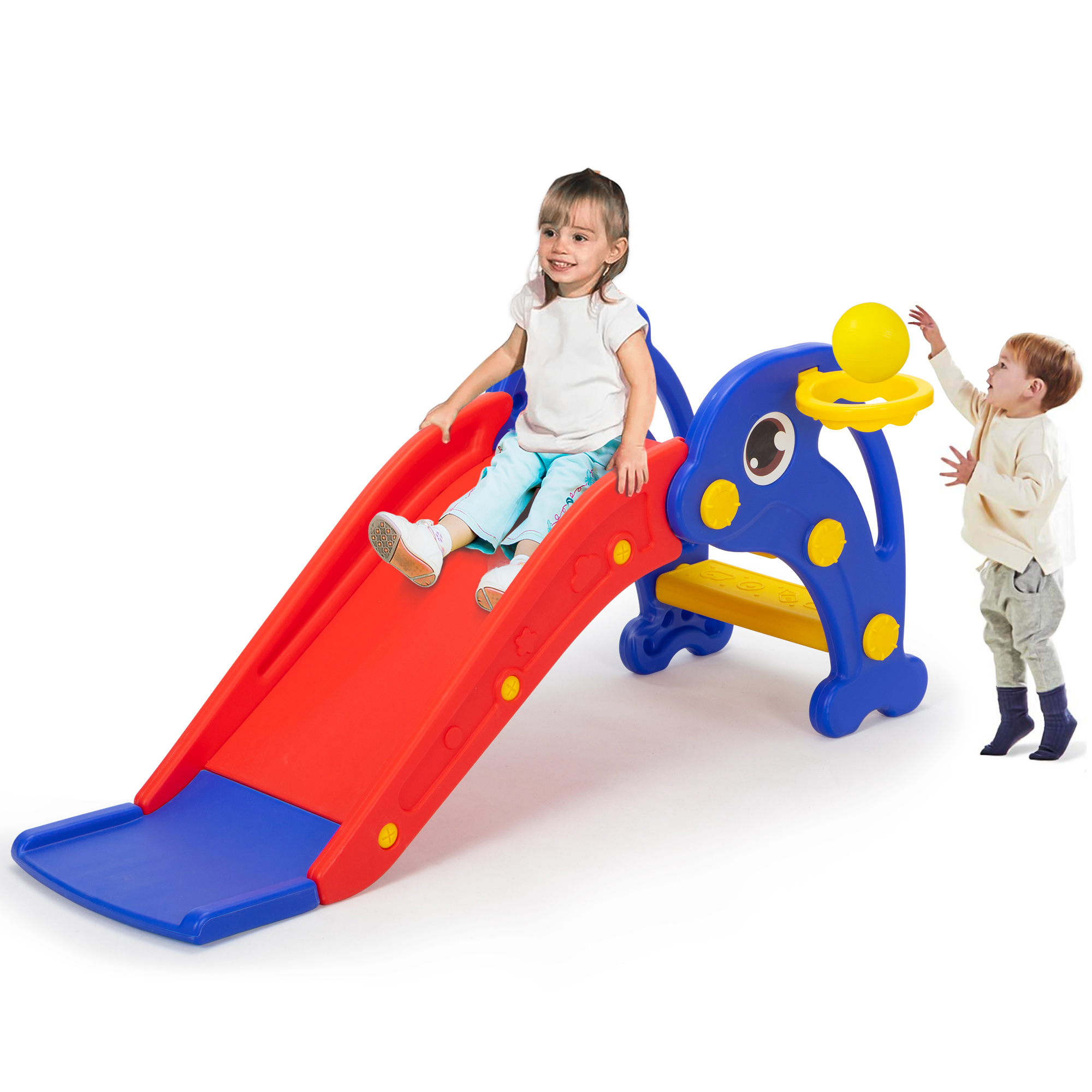 Kepooman 3 in 1 Toddler Slide Kids Slide, 45.3" Dolphins Play Slide for Outdoor and Indoor, Play Slide with Basketball Hoop, Ball and Ladder, Red and Blue Kepooman 3 in 1 Toddler Slide Kids Slide, 45.3" Dolphins Play Slide for Outdoor and Indoor, Play Slide with Basketball Hoop, Ball and Ladder, Red and Blue