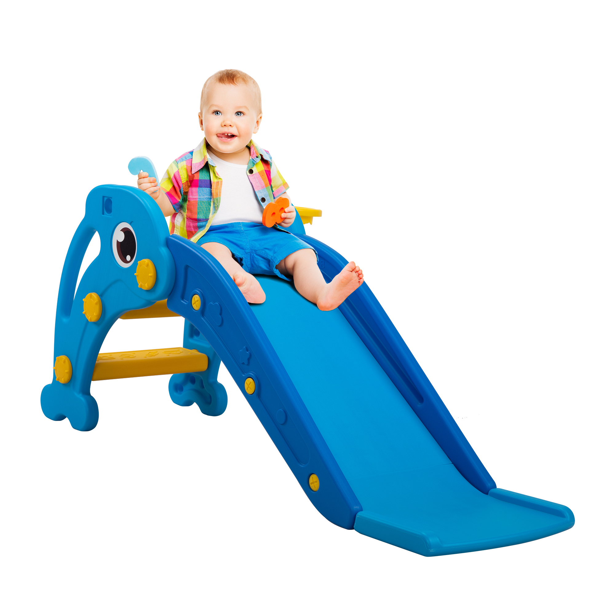 Kadyne 3 in 1 Toddler Slide Kids Slide, 45.3" Dolphins Play Slide for Outdoor and Indoor, Play Slide with Basketball Hoop, Ball and Ladder, Blue