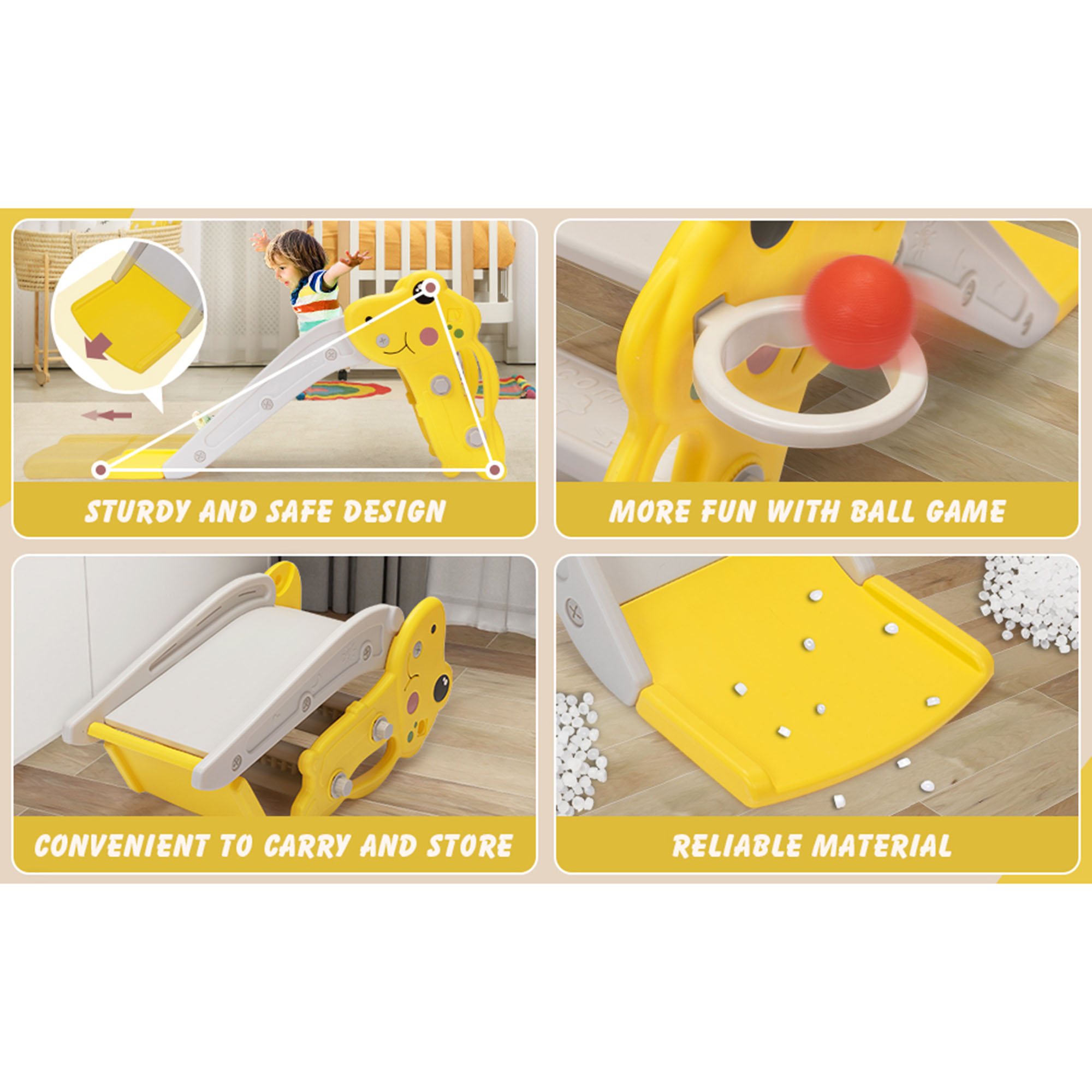 Kepooman 3 in 1 Toddler Slide Kids Slide, 42.9" Frogs Play Slide for Outdoor and Indoor, Play Slide with Basketball Hoop, Ball and Ladder, Yellow+Gray Kepooman 3 in 1 Toddler Slide Kids Slide, 42.9" Frogs Play Slide for Outdoor and Indoor, Play Slide with Basketball Hoop, Ball and Ladder, Yellow+Gray