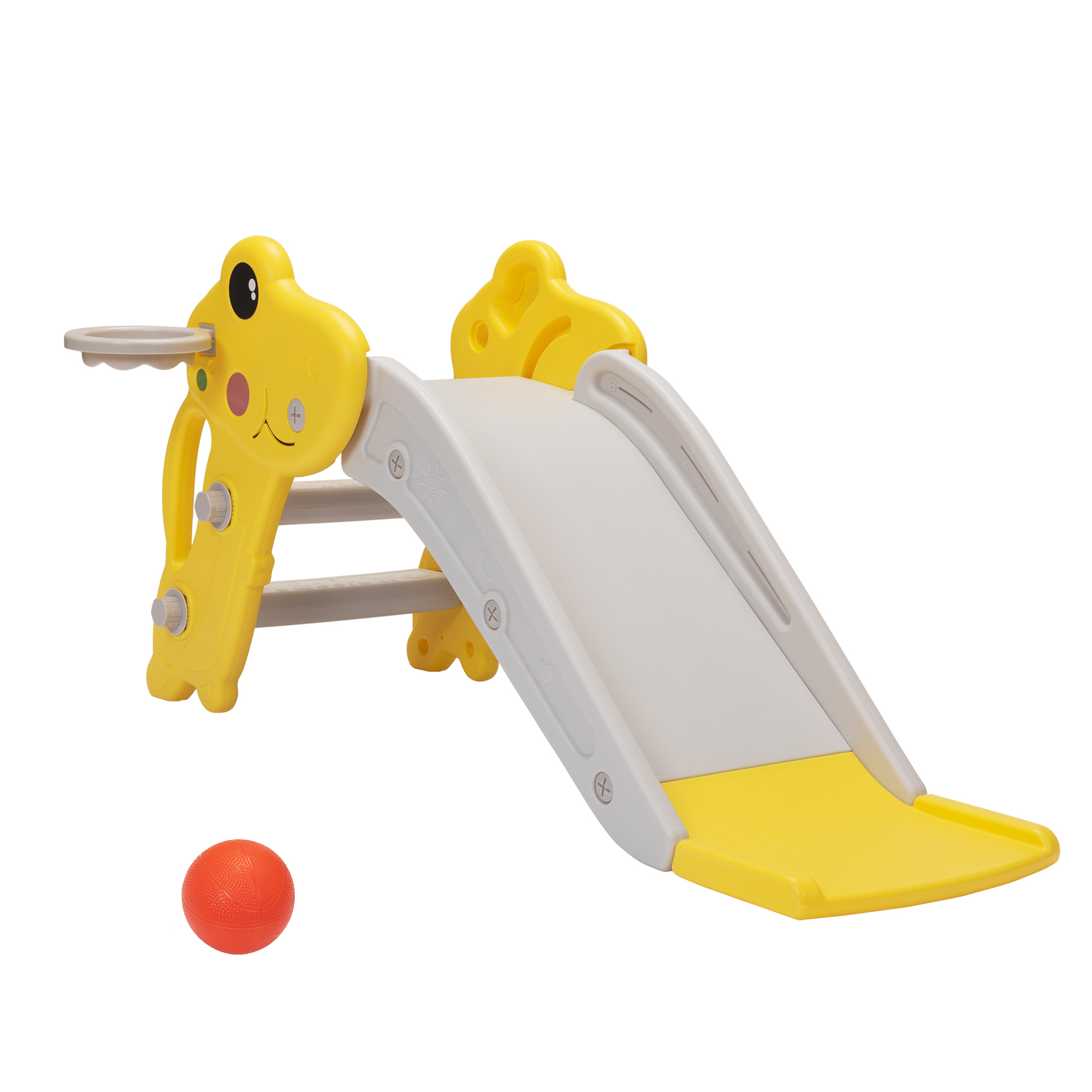Kepooman 3 in 1 Toddler Slide Kids Slide, 42.9" Frogs Play Slide for Outdoor and Indoor, Play Slide with Basketball Hoop, Ball and Ladder, Yellow+Gray Kepooman 3 in 1 Toddler Slide Kids Slide, 42.9" Frogs Play Slide for Outdoor and Indoor, Play Slide with Basketball Hoop, Ball and Ladder, Yellow+Gray