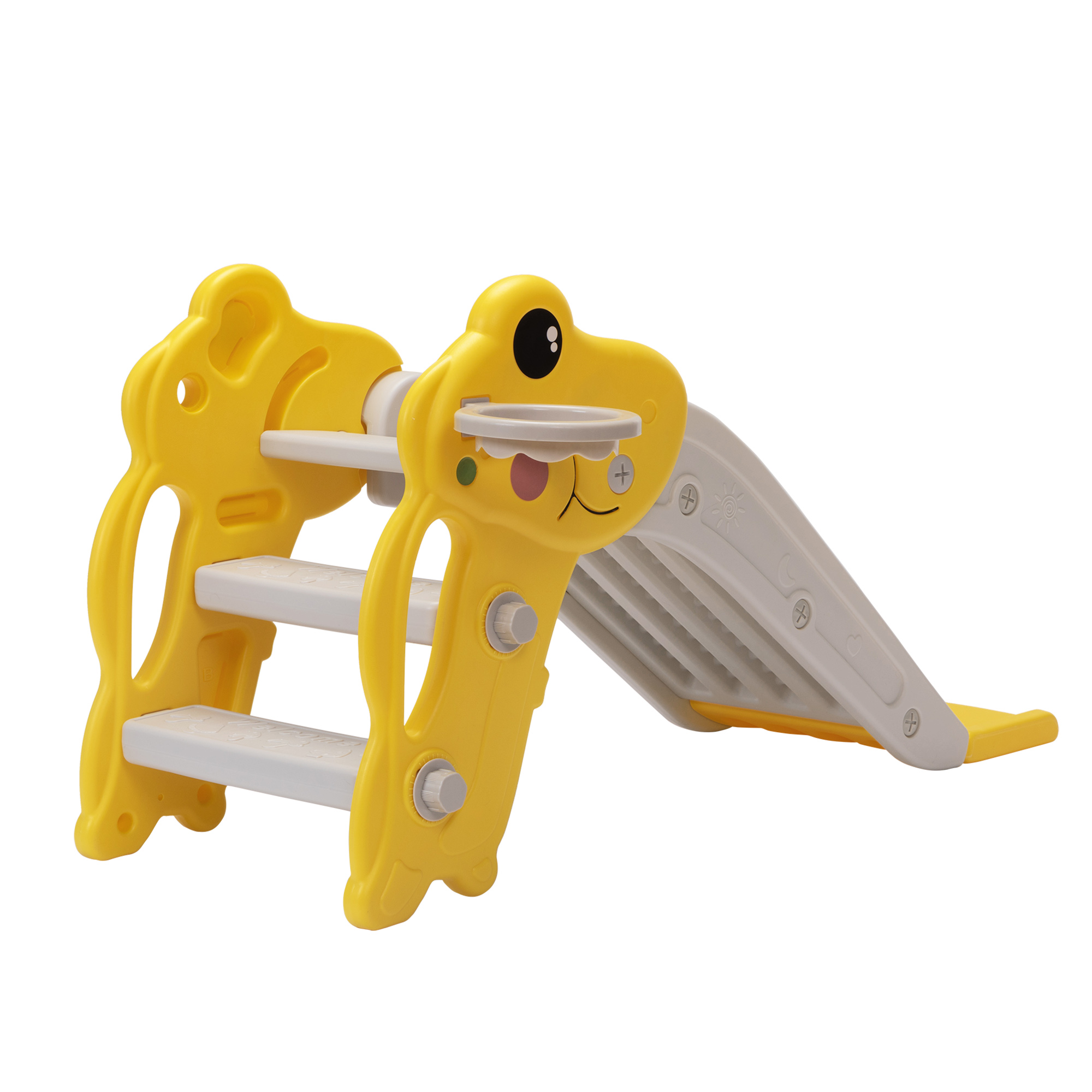 Kepooman 3 in 1 Toddler Slide Kids Slide, 42.9" Frogs Play Slide for Outdoor and Indoor, Play Slide with Basketball Hoop, Ball and Ladder, Yellow+Gray Kepooman 3 in 1 Toddler Slide Kids Slide, 42.9" Frogs Play Slide for Outdoor and Indoor, Play Slide with Basketball Hoop, Ball and Ladder, Yellow+Gray