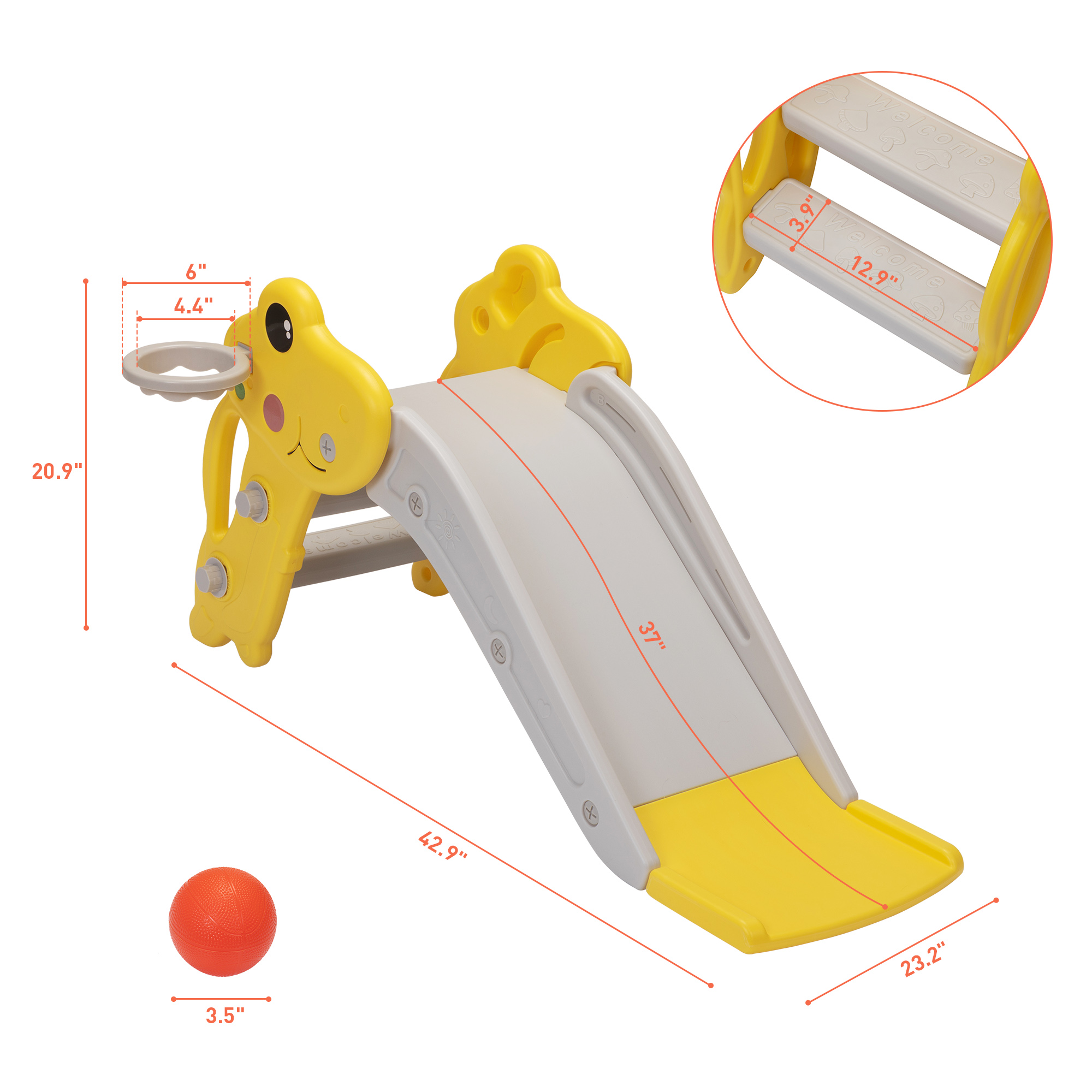 Kepooman 3 in 1 Toddler Slide Kids Slide, 42.9" Frogs Play Slide for Outdoor and Indoor, Play Slide with Basketball Hoop, Ball and Ladder, Yellow+Gray Kepooman 3 in 1 Toddler Slide Kids Slide, 42.9" Frogs Play Slide for Outdoor and Indoor, Play Slide with Basketball Hoop, Ball and Ladder, Yellow+Gray